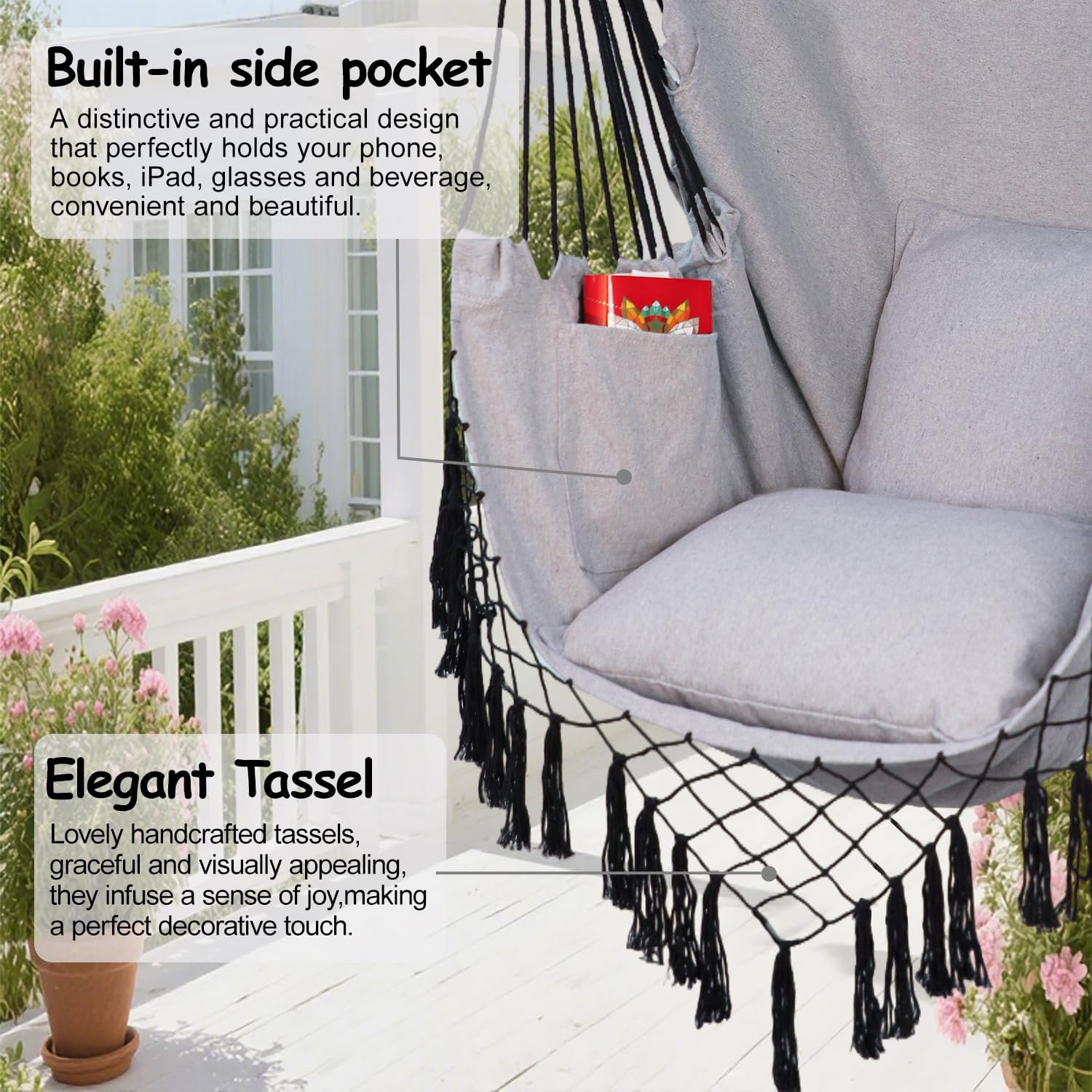 Hammock Chair Hanging Rope Swing Chair,Max 450 Lbs, Large Hanging Chair with Pocket, 2 Cushions, Removable Steel Bar, Hardware Kit Included, Superior Comfort for Indoor Outdoor (Light Grey)