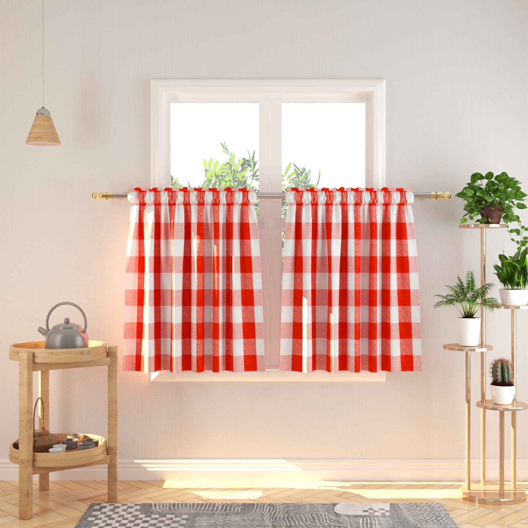 Natus Weaver Buffalo Plaid Gingham Rod Pocket Tier Curtains, 27x30 in, 2 Panels, Red White
