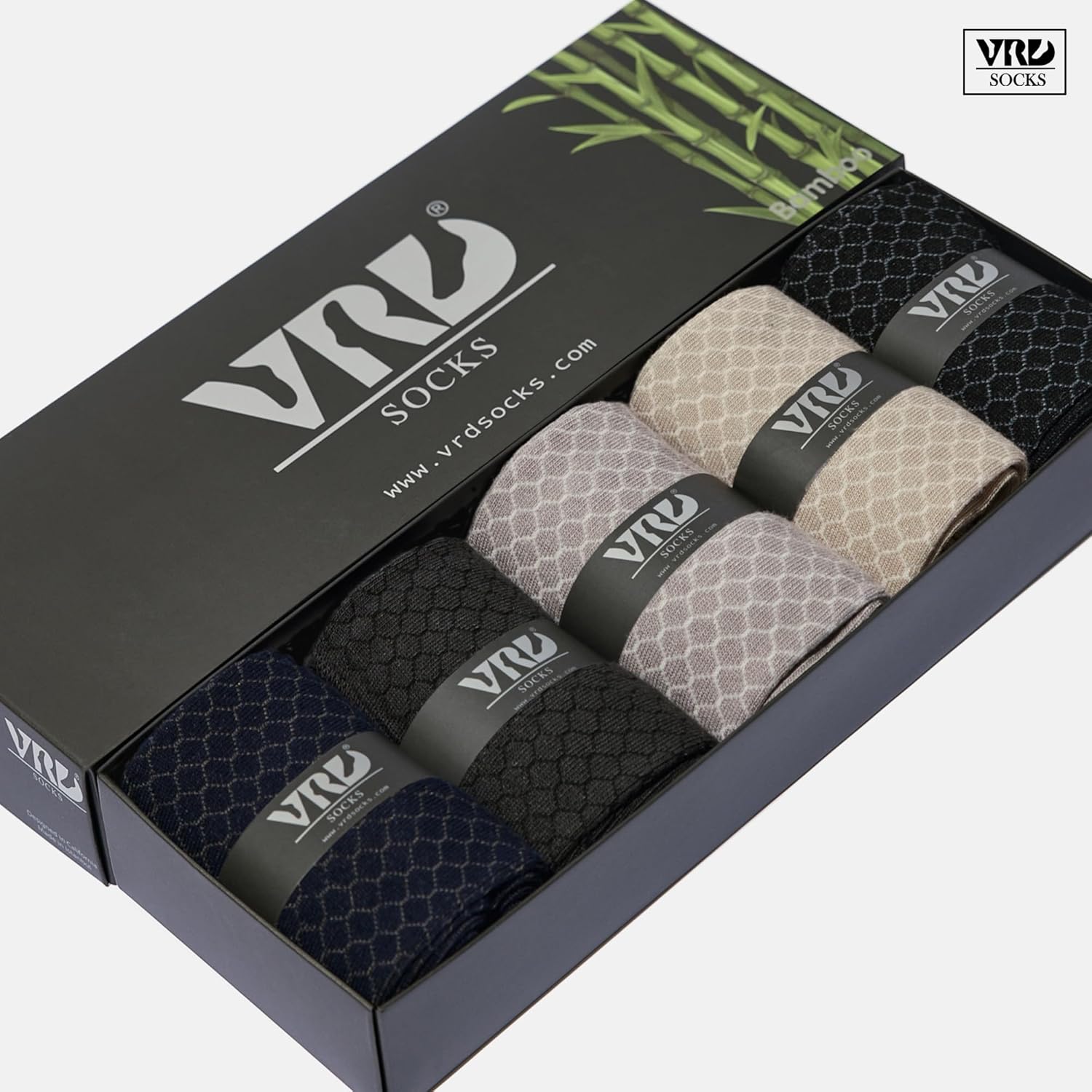 VRD Mens Dress Socks Bamboo Rayon 5-Pack Crew Socks Mid-Calf Length Fits Shoe Size 8-13 Gift Box