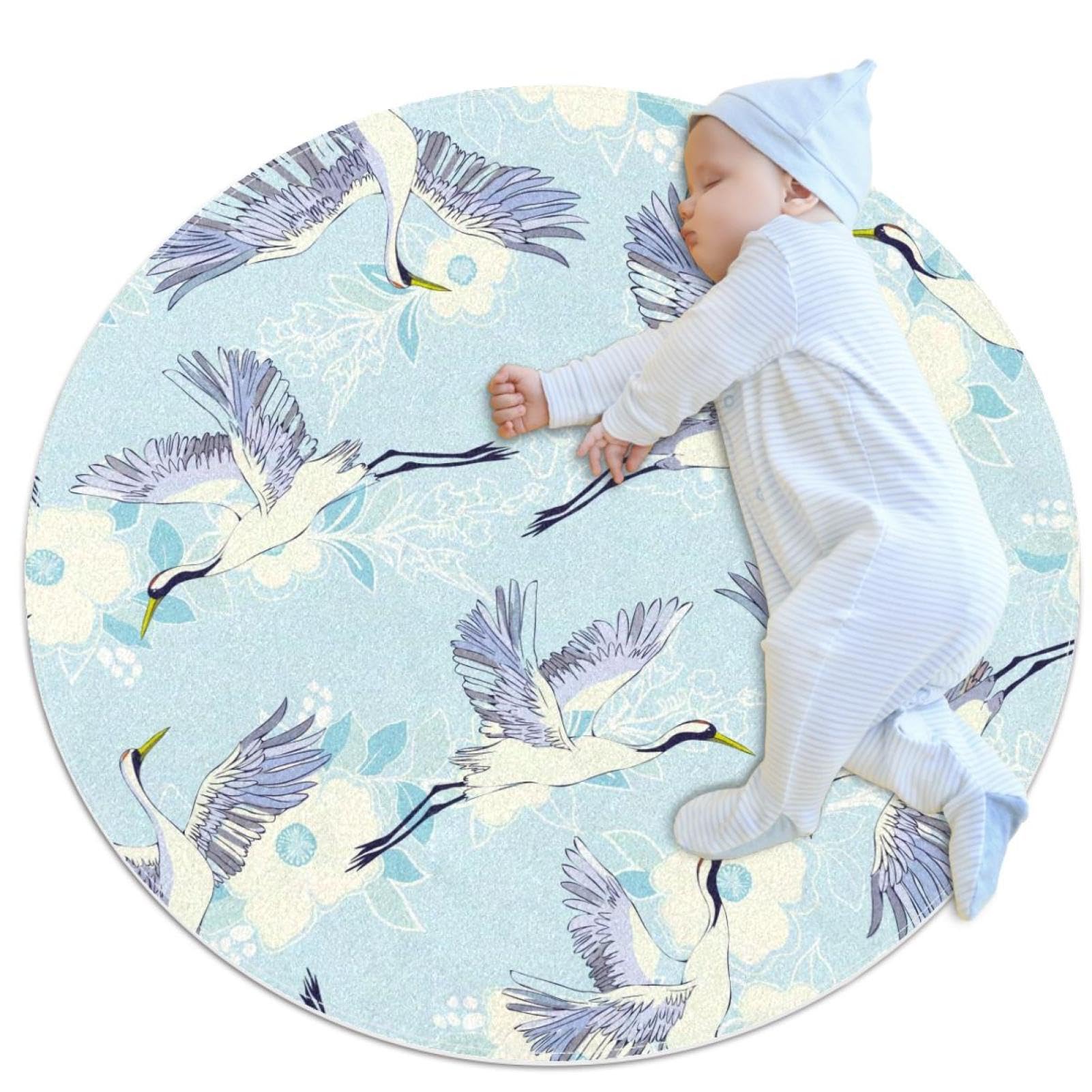 Tapis de salle de bain rond 1m avec motif grues volantes et camomille