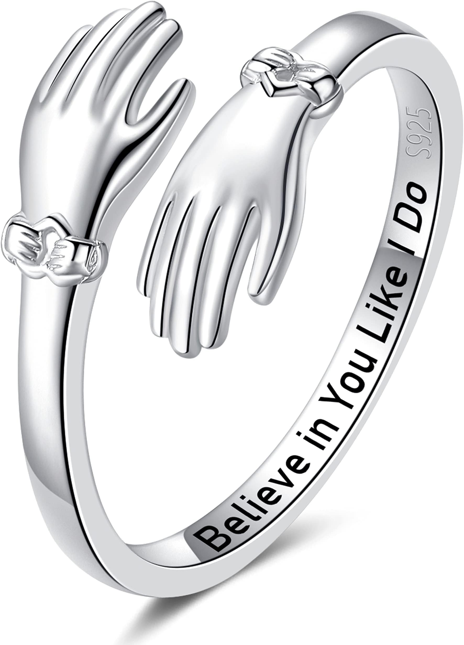 S925 Sterling Silver Hug Rings for Women Adjustable Hugging Hands Ring with Gift Box & Card Hugs Thumb Band Jewelry Birthday Gifts for Granddaughter Daughter Mom Sister Friends