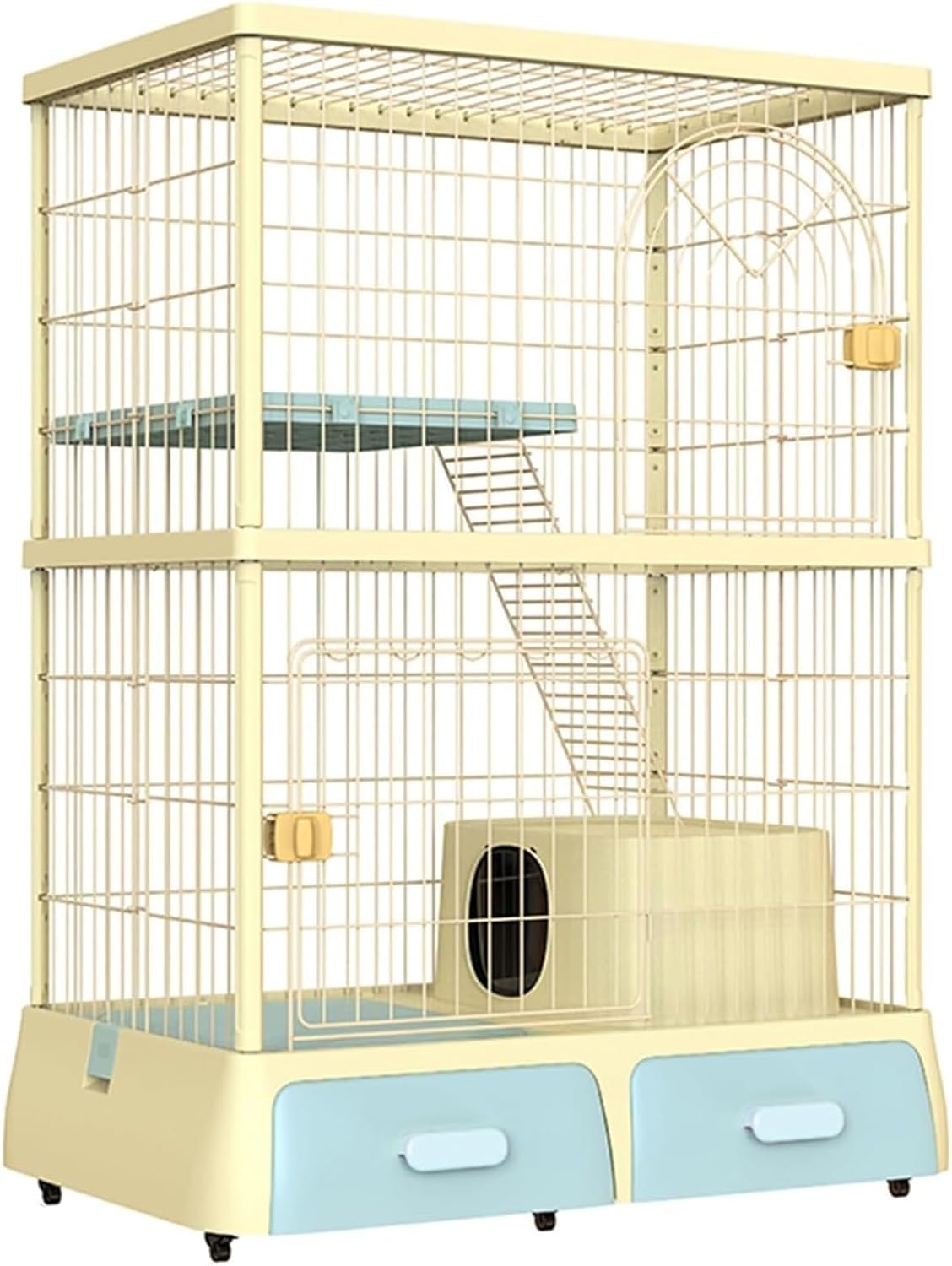 Large, Multi-Floor Cat Enclosure, Metal Cats Kennel, DIY Pet Cage Heavy Duty with Litter Box, Wheels for 1-3 Cats Chinchilla Hedgehog Rabbit(Yellow)