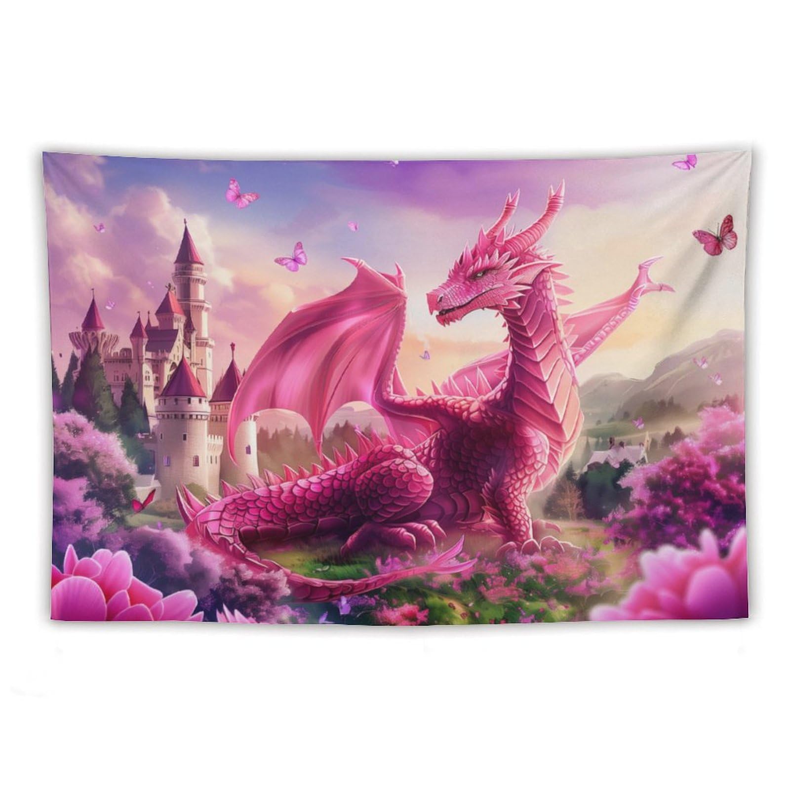 CLiqr Tapestry Pink Dragon Wings Butterfly Fairy Tale Castle Wall Hanging Aesthetic Decoration For Bedroom Living Room Wall Art Tapestries 60"x90"