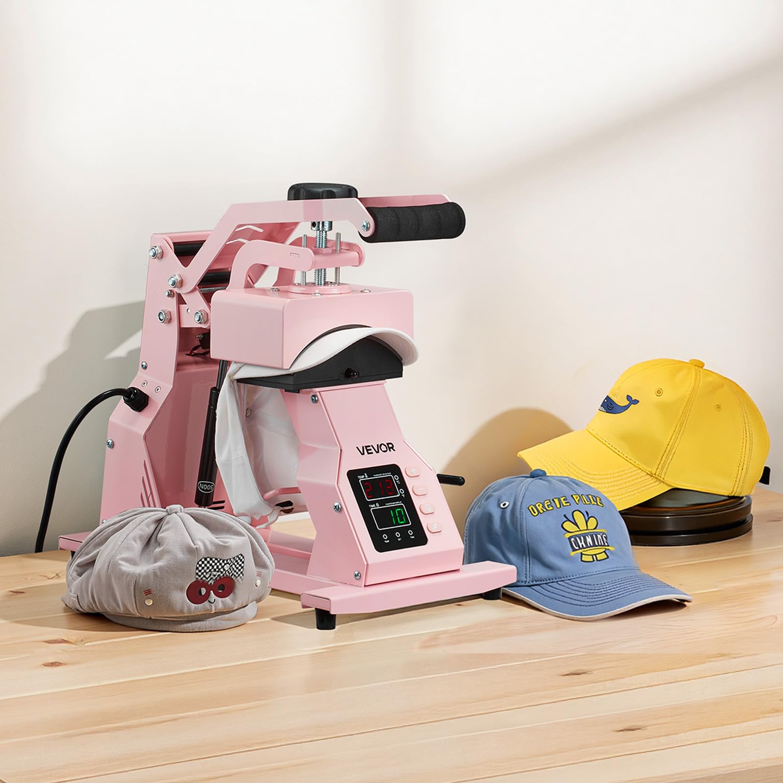 VEVOR Pressa a Caldo per Cappelli con 2 Piastre Intercambiabili, Macchina per Pressatura a Caldo per Cappelli con Controllo della Temperatura e del Tempo, per Cappellini, Fasce, Mascherine, Rosa