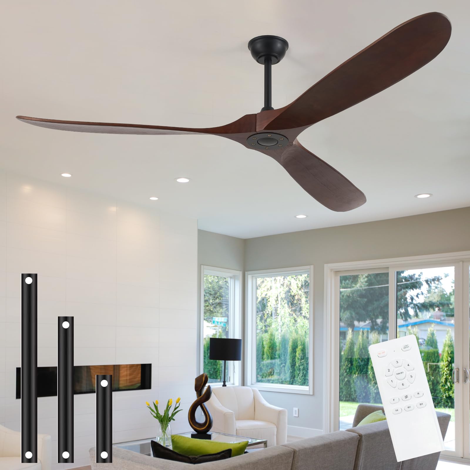 YOZZAN 72inch Solid Wood Ceiling Fan no Light,Outdoor Ceiling Fan with Remote,DC Ceiling Fans with Large Airflow for Patios,Gazebos,Living Room,