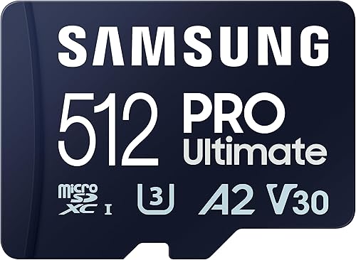 SAMSUNG PRO Ultimate tarjeta de memoria microSD + adaptador, microSDXC de 512 GB, hasta 200 MBs, 4K UHD, UHS-I, clase 10, U3, V30, A2 para GoPRO