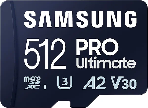 Samsung PRO Ultimate microSD Memory Card + Adapter, 512GB microSDXC, Up to 200 MB/s, 4K UHD, UHS-I, Class 10, U3,V30, A2 for GoPRO Action Cam, DJI Drone, Gaming, Phones, Tablets, MB-MY512SA/AM