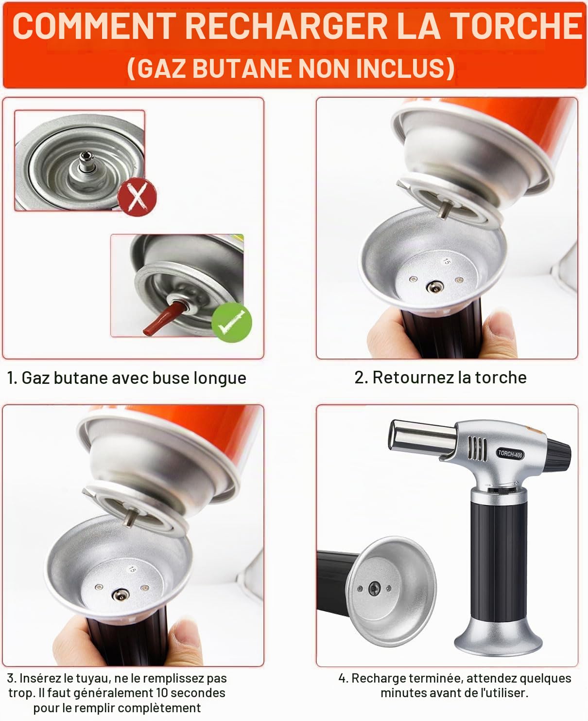 S400 Briquet de cuisine rechargeable compatible avec toutes les boîtes de butane Flamme réglable Idéal pour les barbecues, pâtisseries, desserts et gâteaux à la crème.
