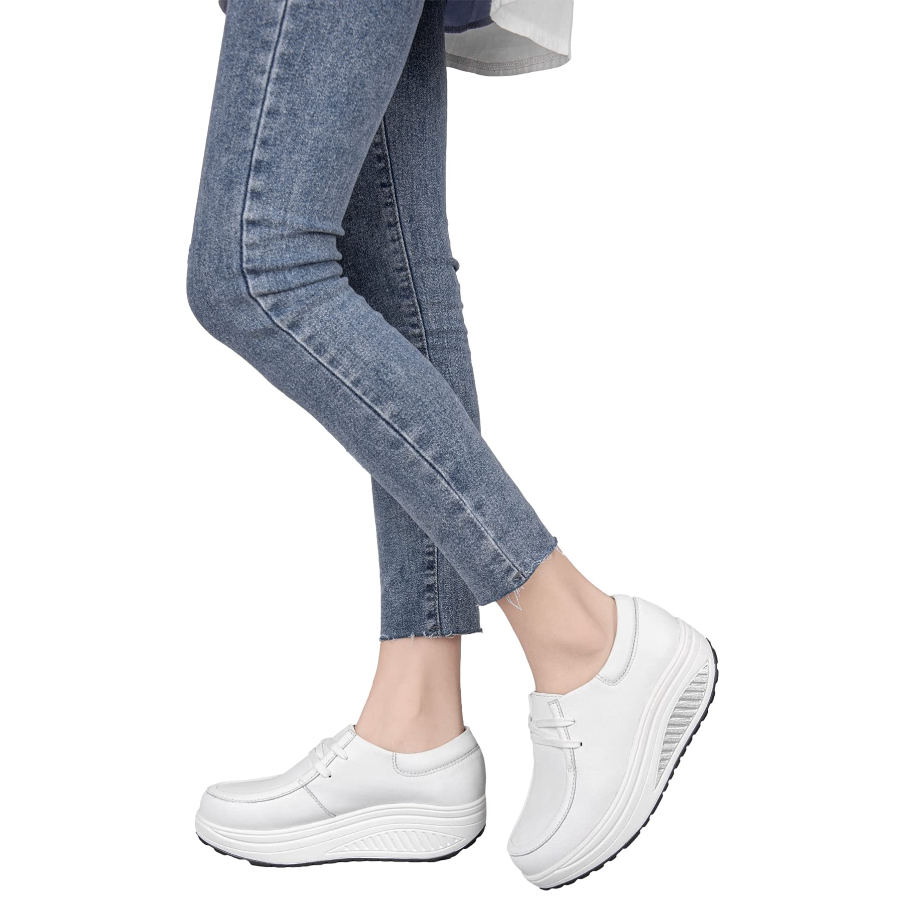 rismart Cuero Plataforma Zapatillas Balancin Mujer Cómodo Casual Caminar Zapato