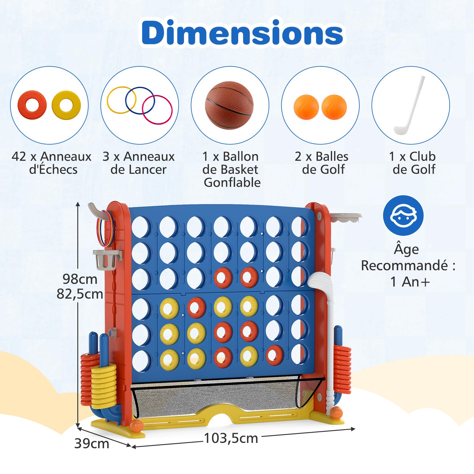 COSTWAY 4 en 1 Jeux Puissance 4 Géant avec 42 Anneaux et Filet, Jeu de Société avec Panier de Basket et Lancer d’Anneaux, Hauteur Réglable, Golf, Porte-gobelets et Sac, Intérieur Extérieur