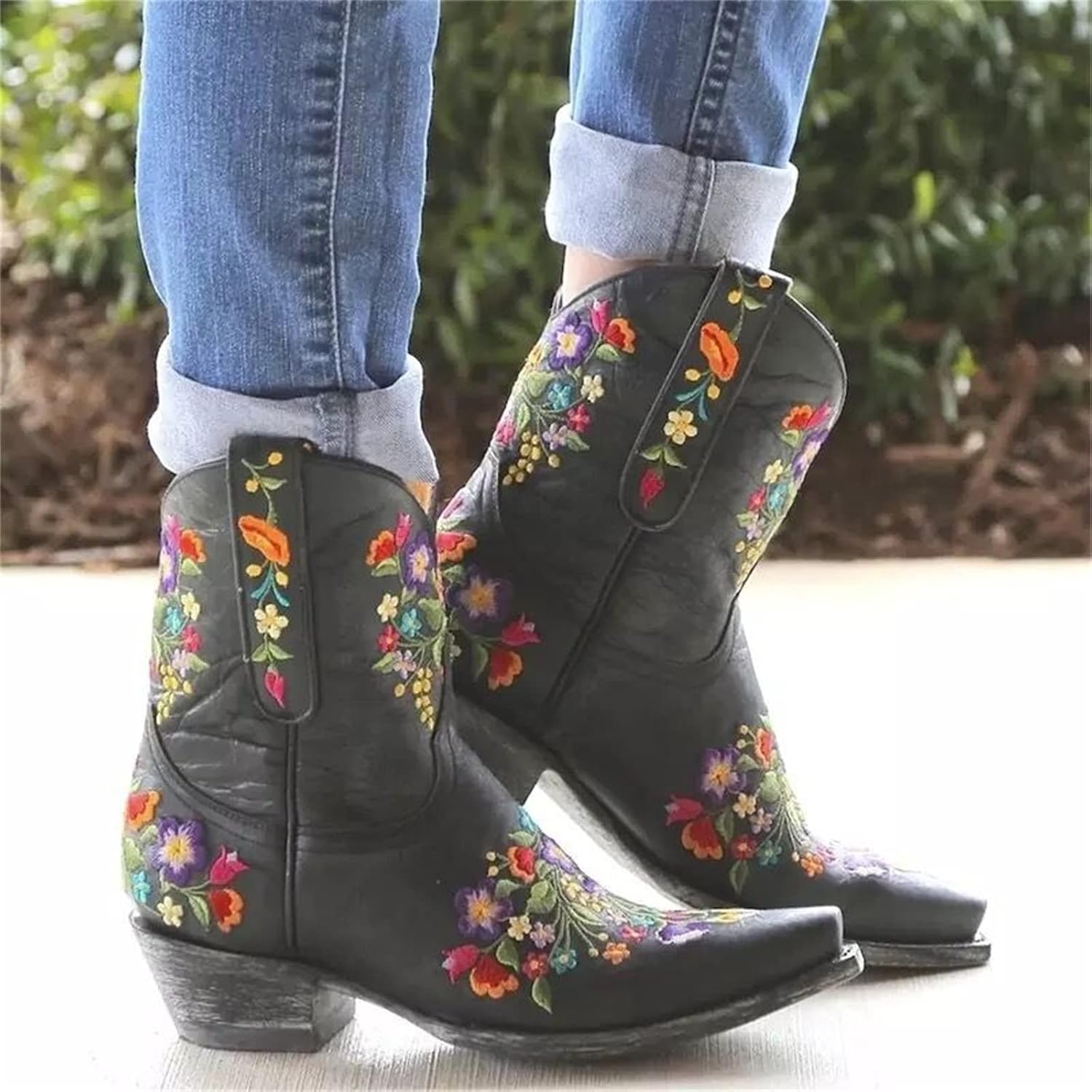 Ladmiple Boots For Women Fashion Mid Calf Cowboy Boots Wide Calf Embroidered Cowgirl Western Boots Retro Country Long Boots