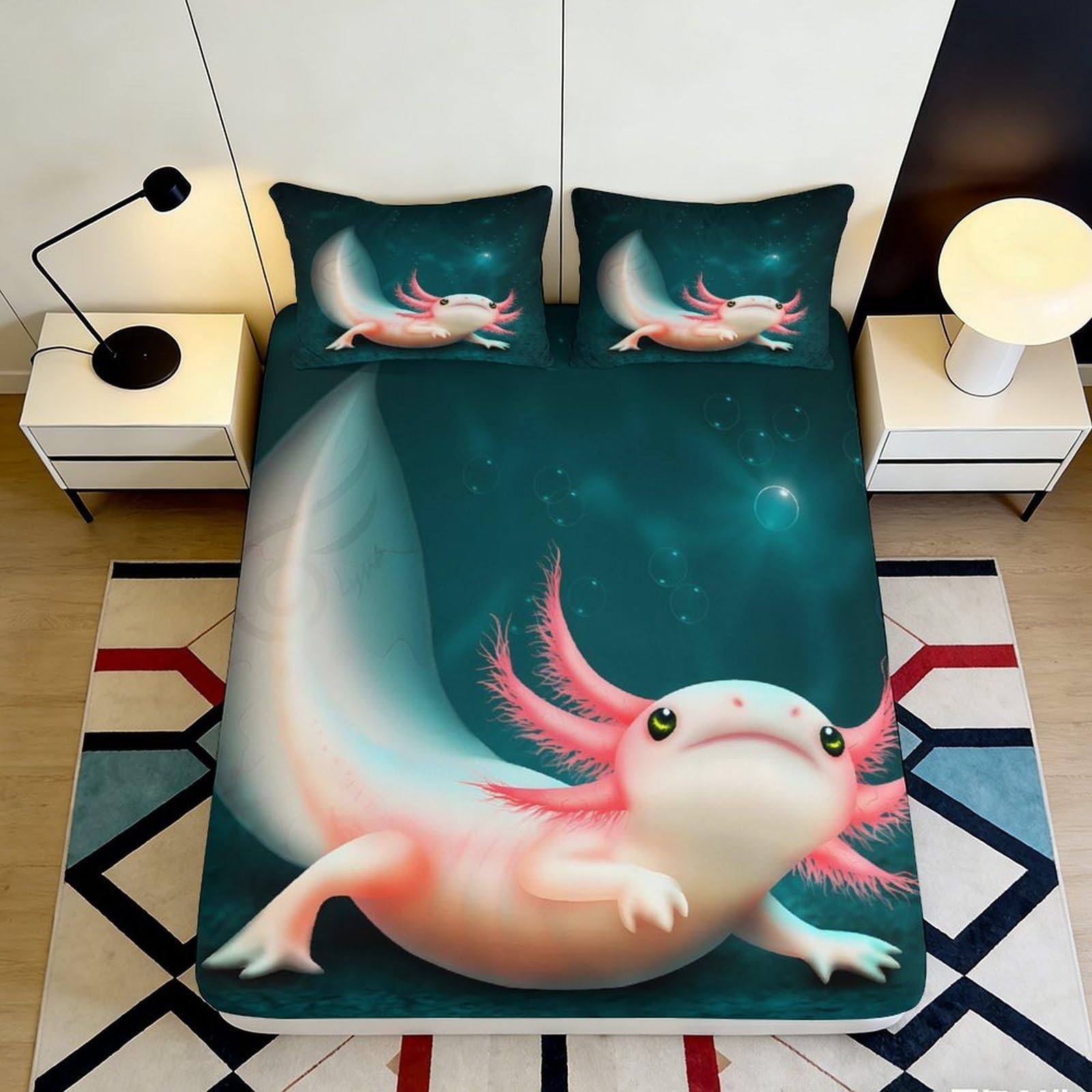 3D Printed Axolotl Underwater Fitted Sheet Microfiber Soft Non Slip Cartoon Mattress Cover for Bedroom Decor 90x200x25cm