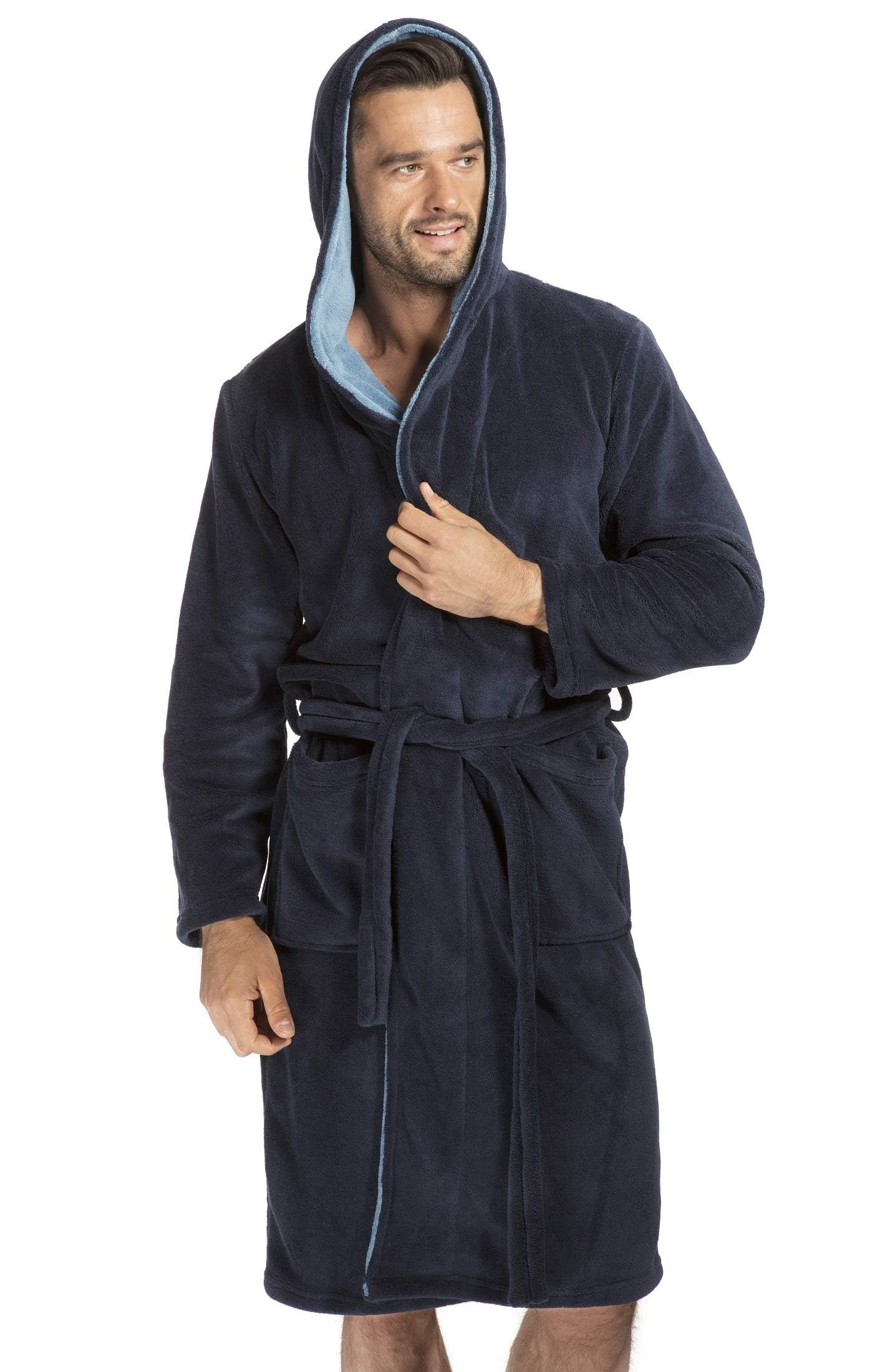 Selente kuscheliger und moderner Herren-Bademantel mit Bindeband, Taschen und Kapuze