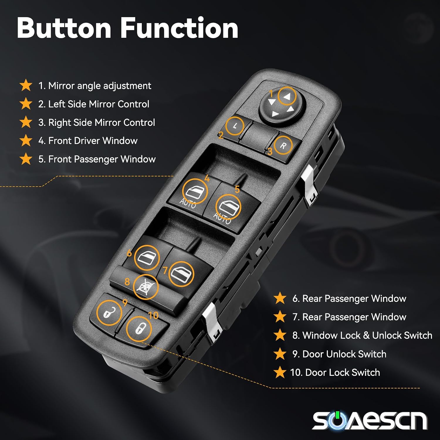 Master Power Window Switch Drive Side for 2011-2013 Jp Grand Cherokee, 2011 Dodge Durango, Door Lock Window Switch Control Assembly - 68030823AB 68030823AC 68030823AD 68030823AE 901516 1S14272-11 PINS