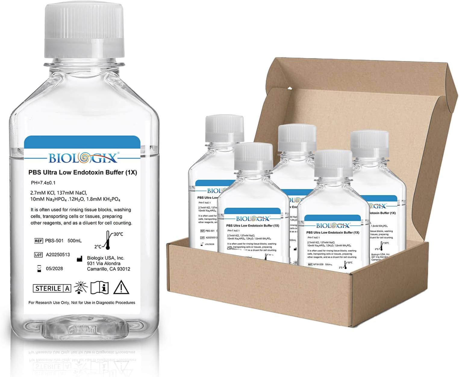 Phosphate Buffered Saline 1X, Ultra-Low Endotoxin PBS Buffer(≤0.05 EU/mL Eodotoxin) 7.4 pH, 1×Concentrate, Reay to use Buffer for Laboratory, 500ml/Bottle, 6 Bottles/Case