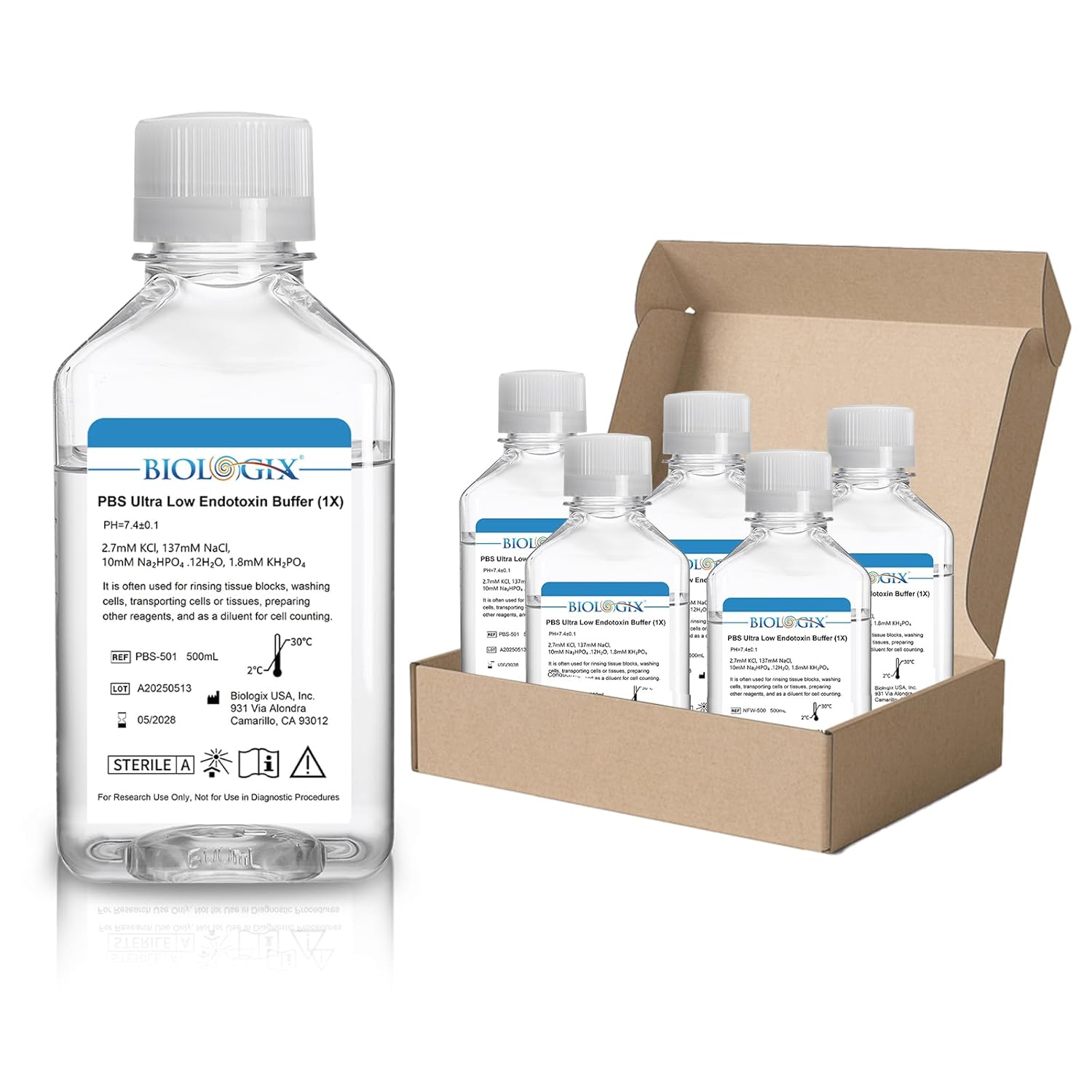 Phosphate Buffered Saline 1X, Ultra-Low Endotoxin PBS Buffer(≤0.05 EU/mL Eodotoxin) 7.4 pH, 1×Concentrate, Reay to use Buffer for Laboratory, 500ml/Bottle, 6 Bottles/Case