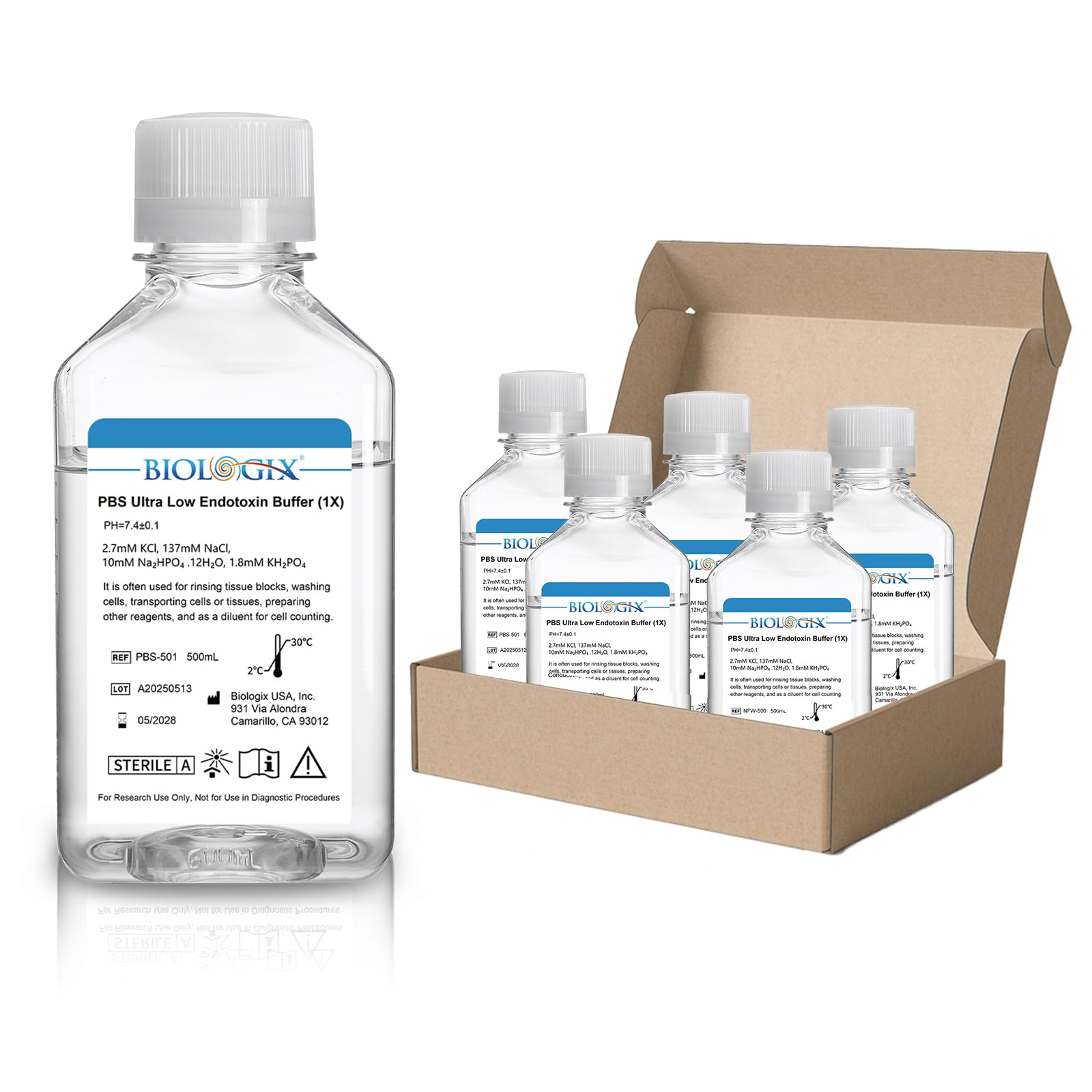 Phosphate Buffered Saline 1X, Ultra-Low Endotoxin PBS Buffer(≤0.05 EU/mL Eodotoxin) 7.4 pH, 1×Concentrate, Reay to use Buffer for Laboratory, 500ml/Bottle, 6 Bottles/Case