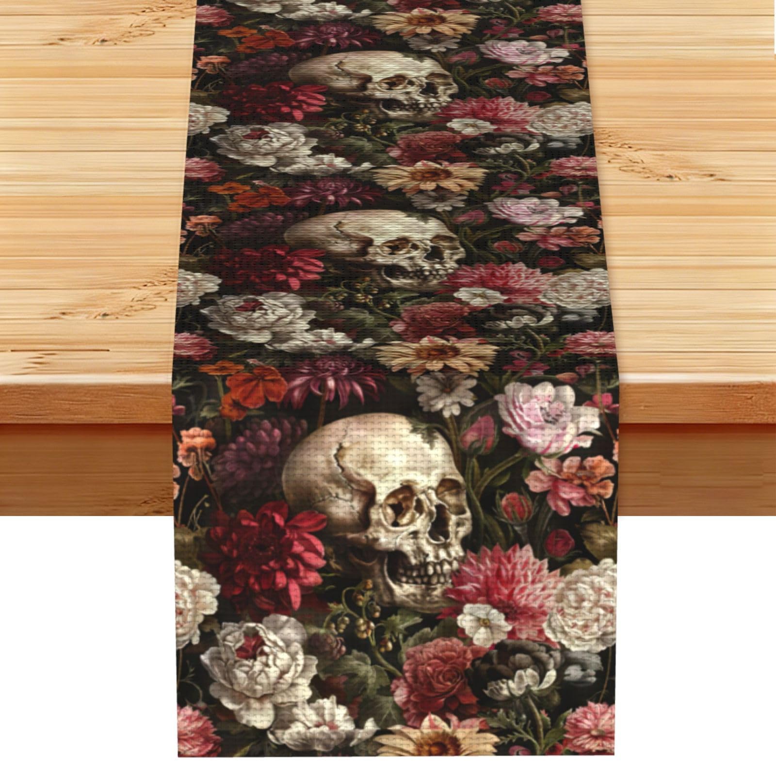 Floral Skull Vintage Style Table Runner 13x72in, Soft Printed Centerpieces for Tables, Kitchen, Countertops & Dining Area Home Decor