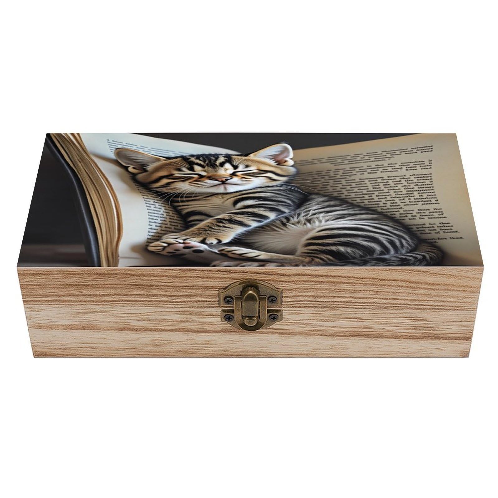 asbwuo Cute Sleeping Kitten Book Vintage Wooden Keepsake Box