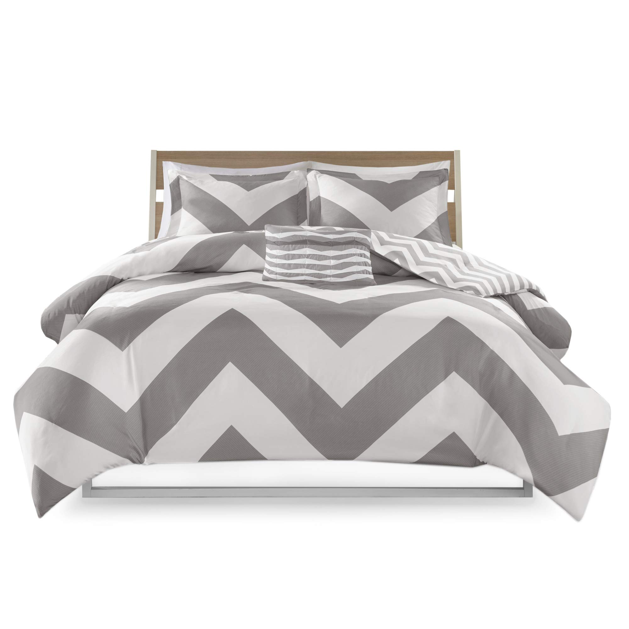 Mi Zone Libra Teen Girls Boys Duvet Cover Set King/Cal King Size - Grey , Chevron – 4 Piece Bed Covers Bedding Sets – Ultra Soft Microfiber Duvet Cover Set