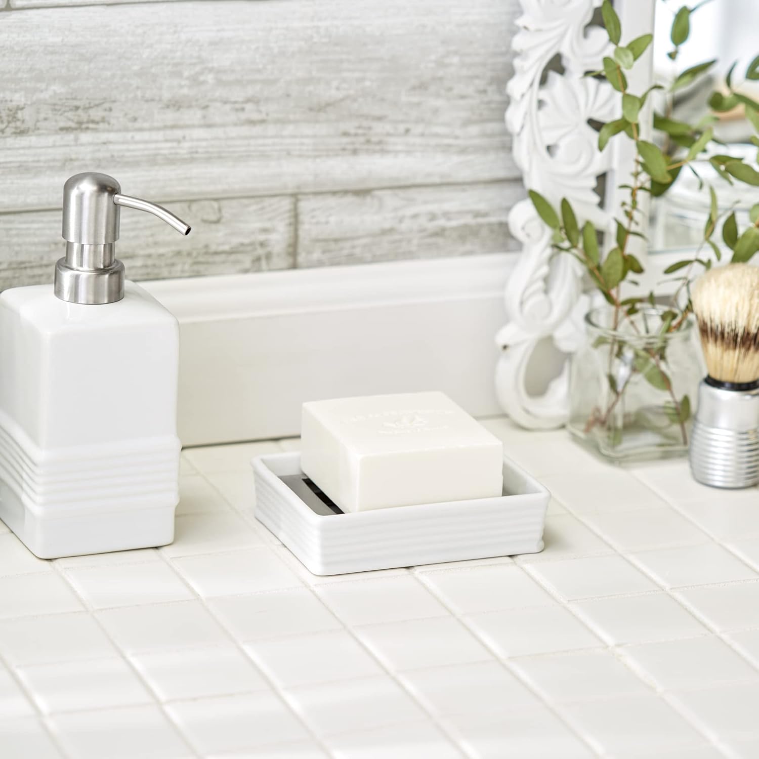 RSVP International Stoneware Soap Dispenser Collection Decorative Countertop for Kitchen or Bath, Dish/Stainless Steel Tray, 4.75x3.5x1.25, White