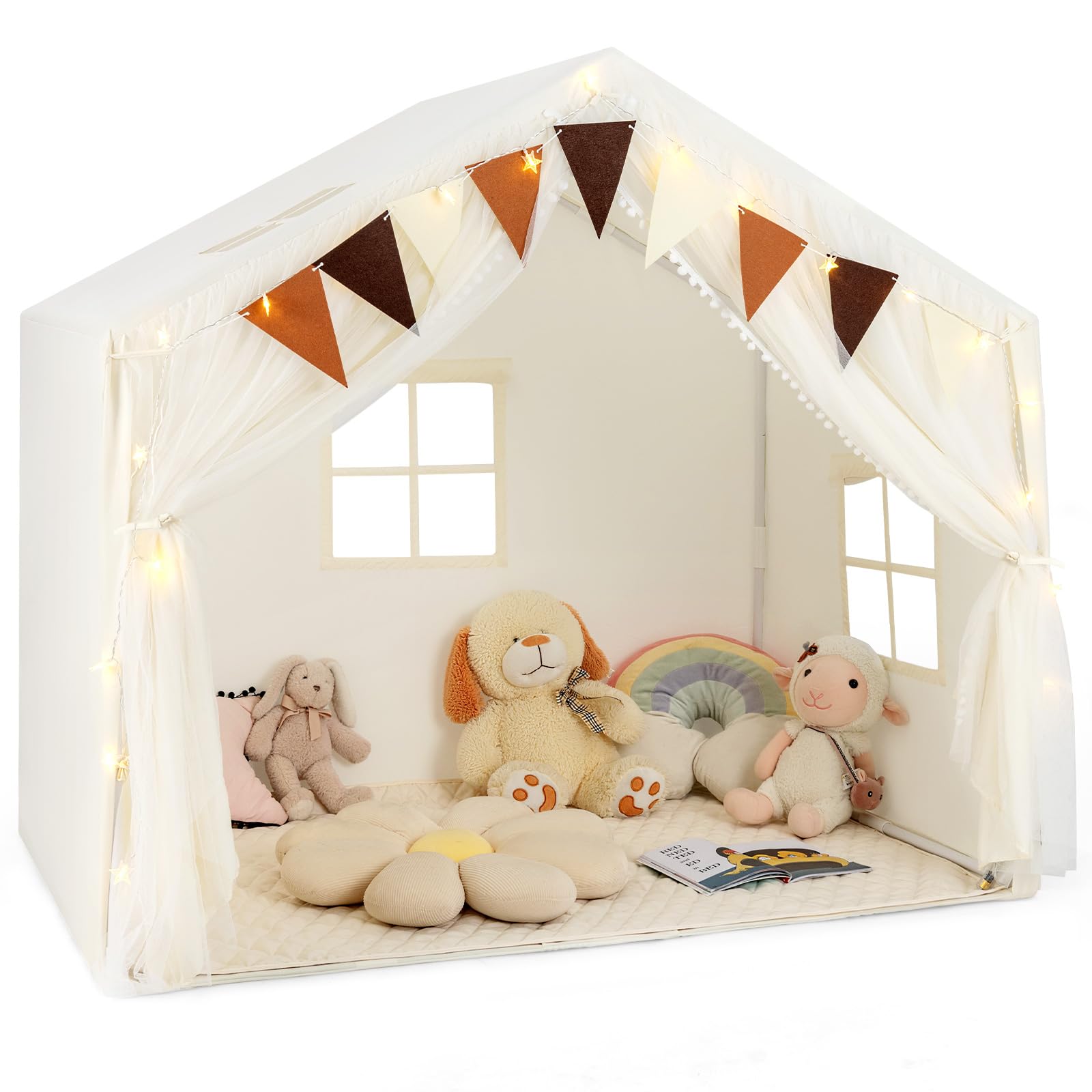 INFANS Kids Play Tent, Large Size Playhouse with Washable Cotton Mat Star Light Windows Plaid Pennants, 57.5” x 38” x 52.5”, Indoor Outdoor Princess Tents Castle for Toddlers Age 3+ Years Old