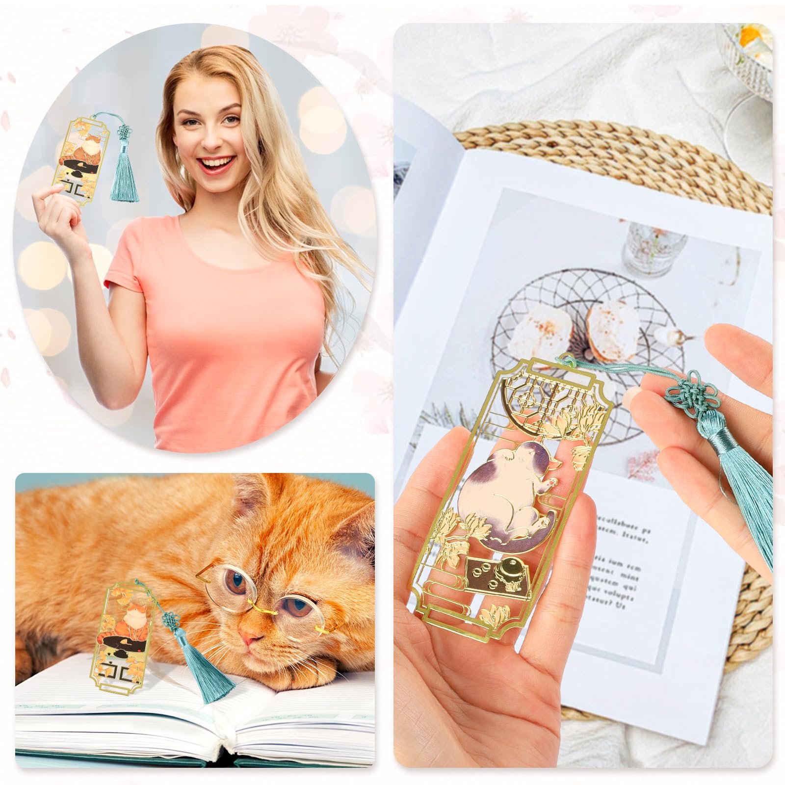 Segnalibri Gatto In Metallo Con Nappa - 2 Pezzi, Design Carino, Regalo Per Lettori E Amanti Dei Gatti - Foto 12