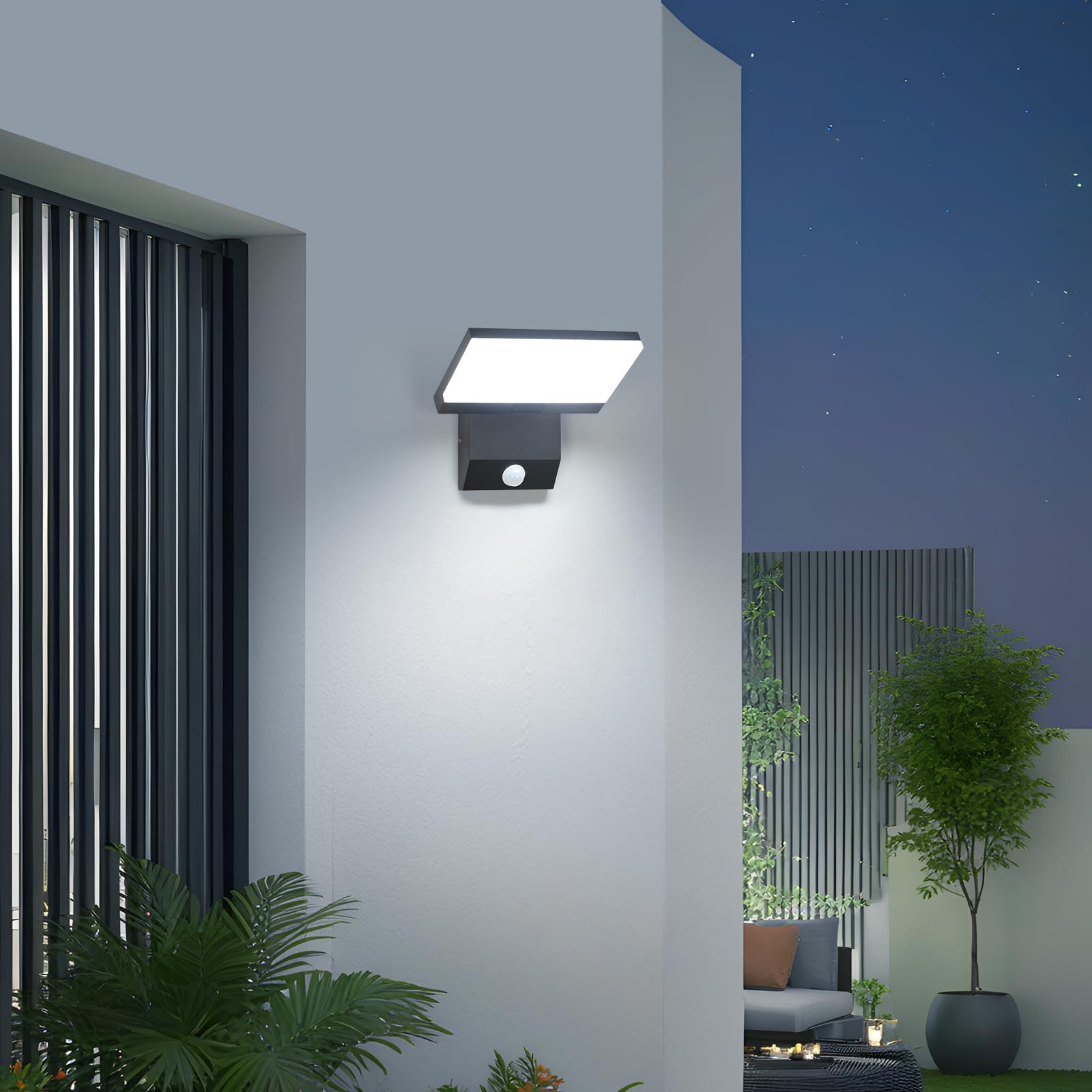 Comely Aplique Pared Exterior con Sensor de Movimiento, 24W Lampara Exterior Pared LED, IP65 Impermeable Aplique Negro para Patio, Jardín, Terraza, 6500K