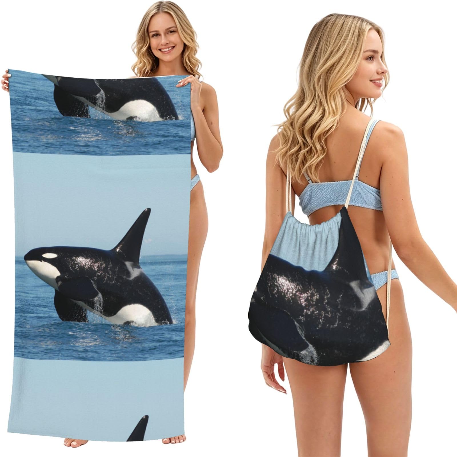 Poadnly As Picture Killer Whale Printed, 2 In 1 Packable Towel Bag, Beach Towels With Drawstring Backpack For Travel Holiday Camping