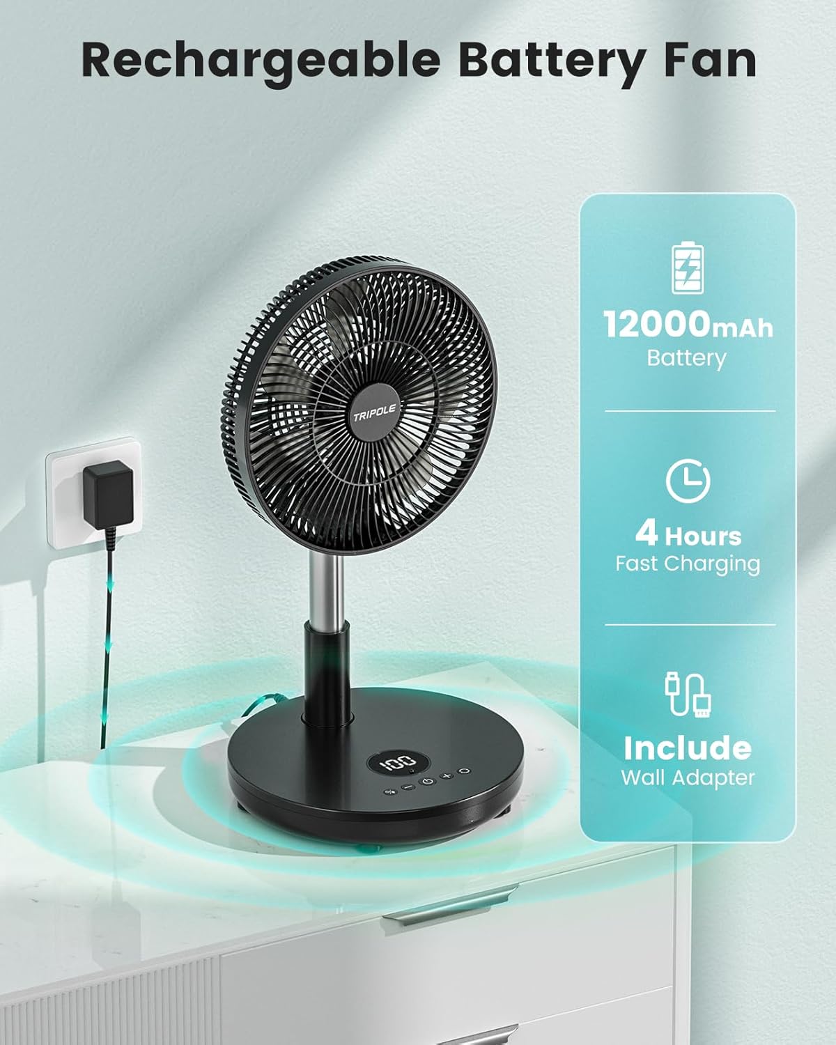 Diagram showing the TriPole fan folded and extended, with height measurements from 22 to 41 inches, and head rotation/oscillation angles.