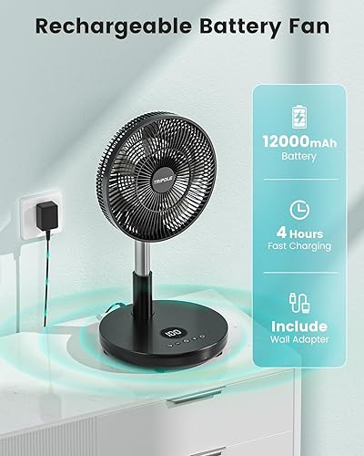Vista 3 de TriPole Ventilador de pie plegable 30 cm Ventilador de pedestal portátil recargable con batería con control remoto, configuración de temporizador