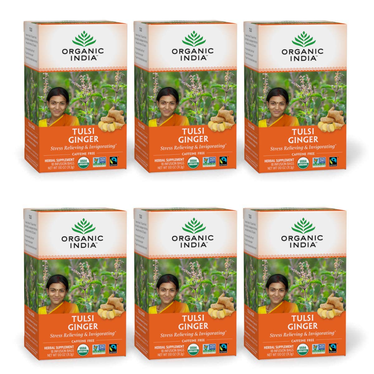 Organic India Tulsi Ginger Herbal Tea - Stress Relieving & Invigorating, Immune Support, Gluten-Free