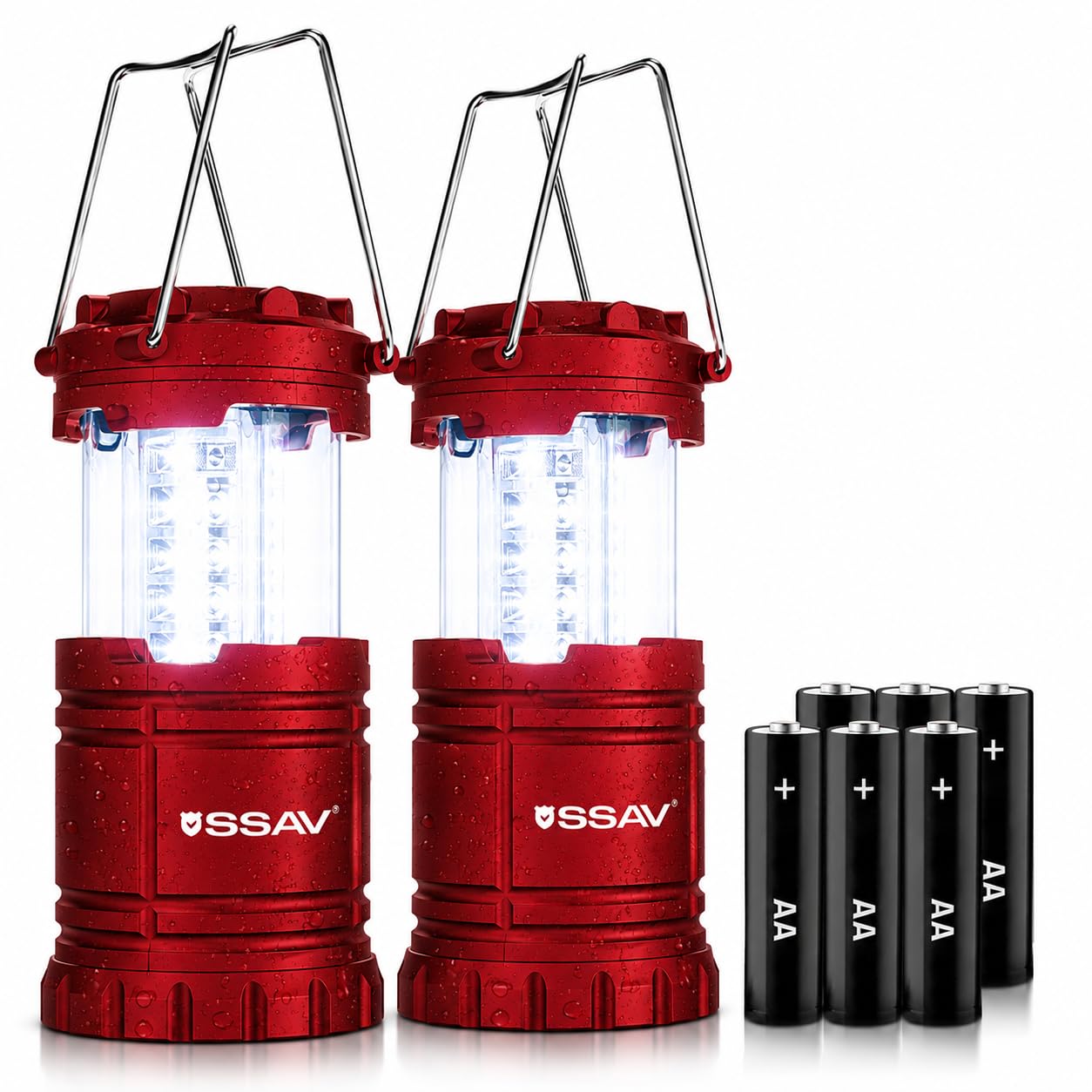 SSAV LED Camping Lantern, Emergency Lanterns for Power Outages & Hurricane Preparedness, Collapsible Portable Survival Lights for Camping, Storms & Emergencies, Batteries Included (2, Red)