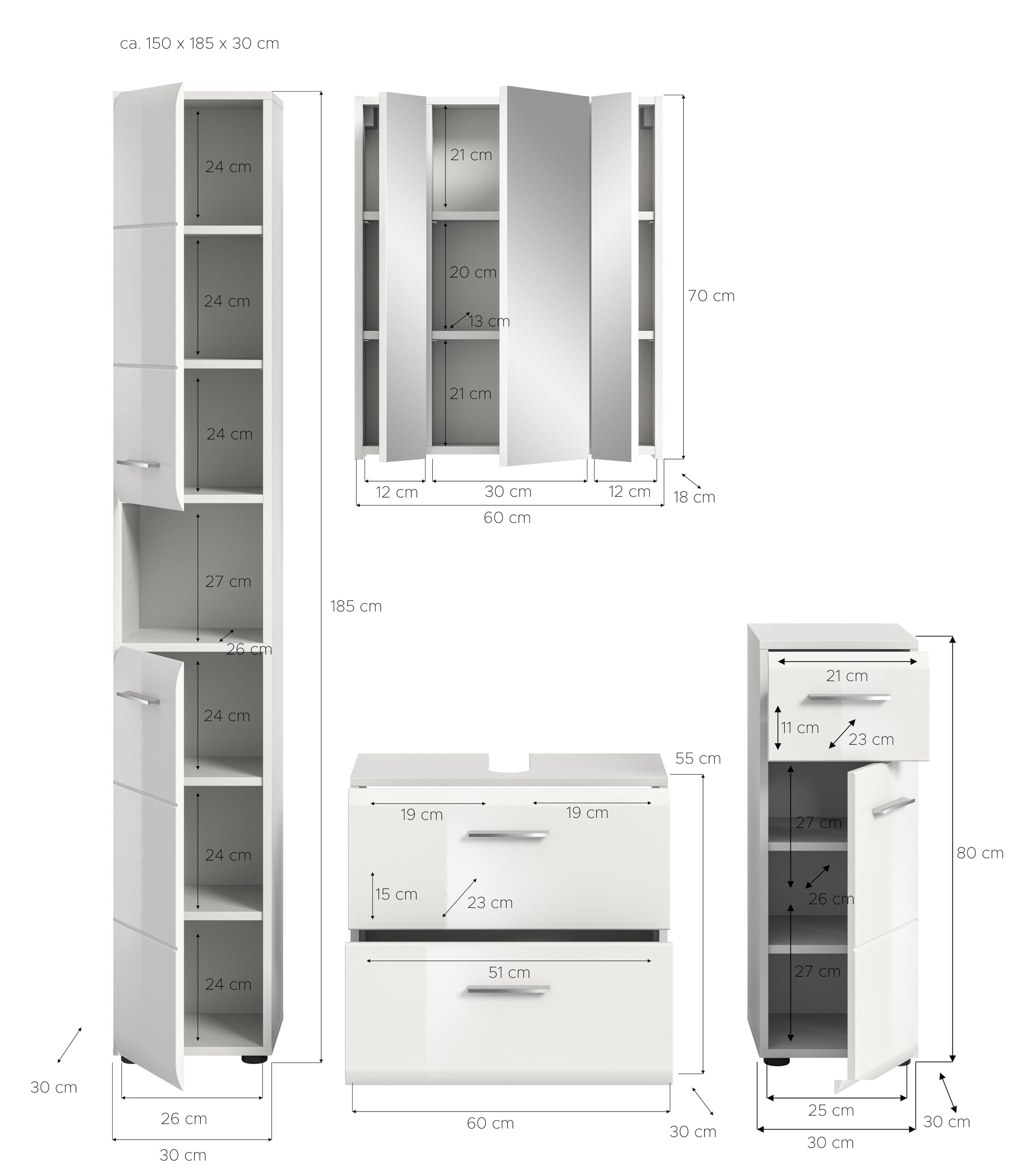 xonox.home – 4 TLG. Badmöbel-Kombination Ice 150x185x30 cm in Korpus weiß Nachbildung und Front weiß Hochglanz – Elegantes Badmöbel-Set – platzsparend – Bild 4