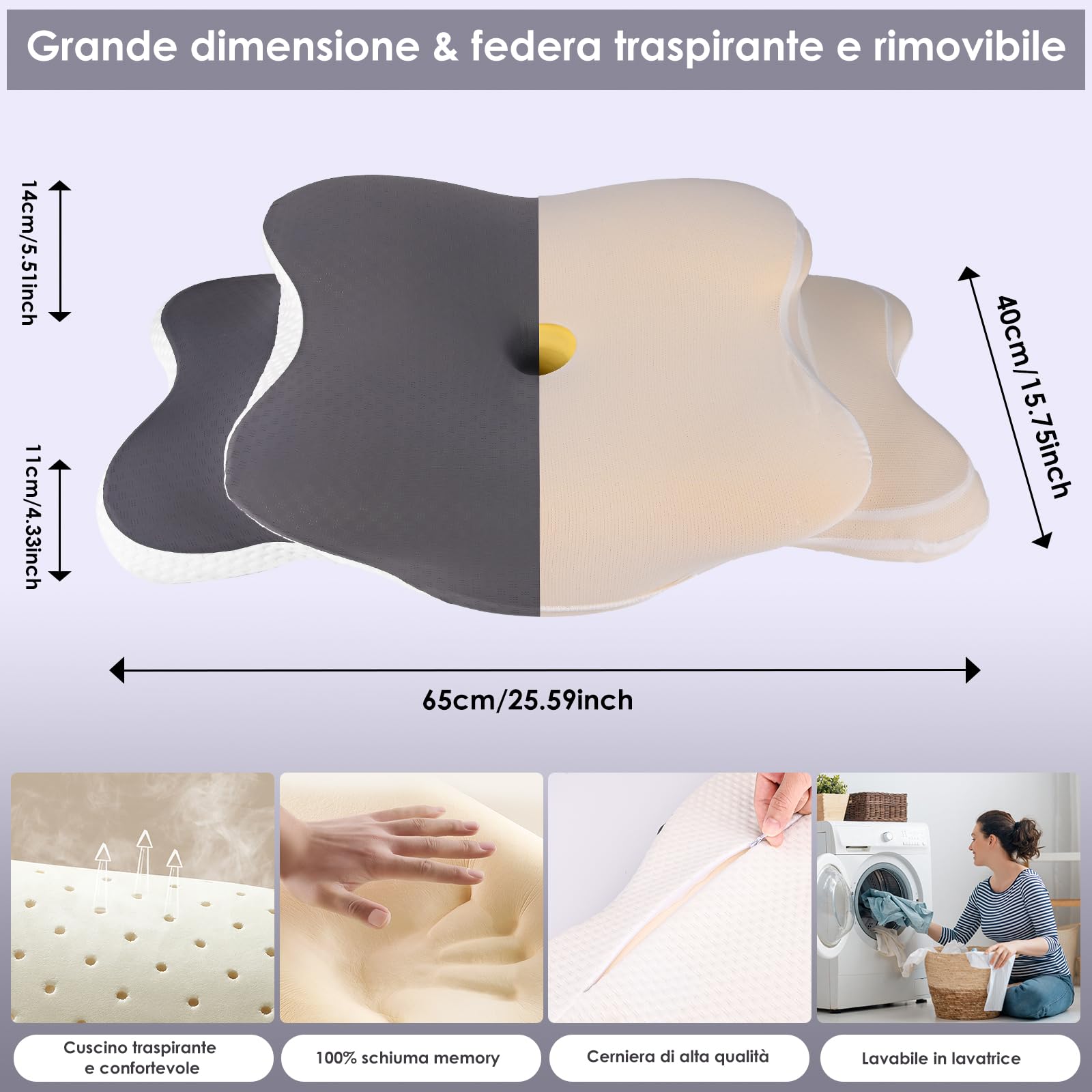 Cuscino Cervicale per Dormire Grande, 2 in 1 Cuscino in Memory Foam per Dolore alla Spalla, Cuscino Ortopedico per chi dorme sul Fianco, Sulla Schiena e Sullo Stomaco-65 x 40 cm x 14/11 cm