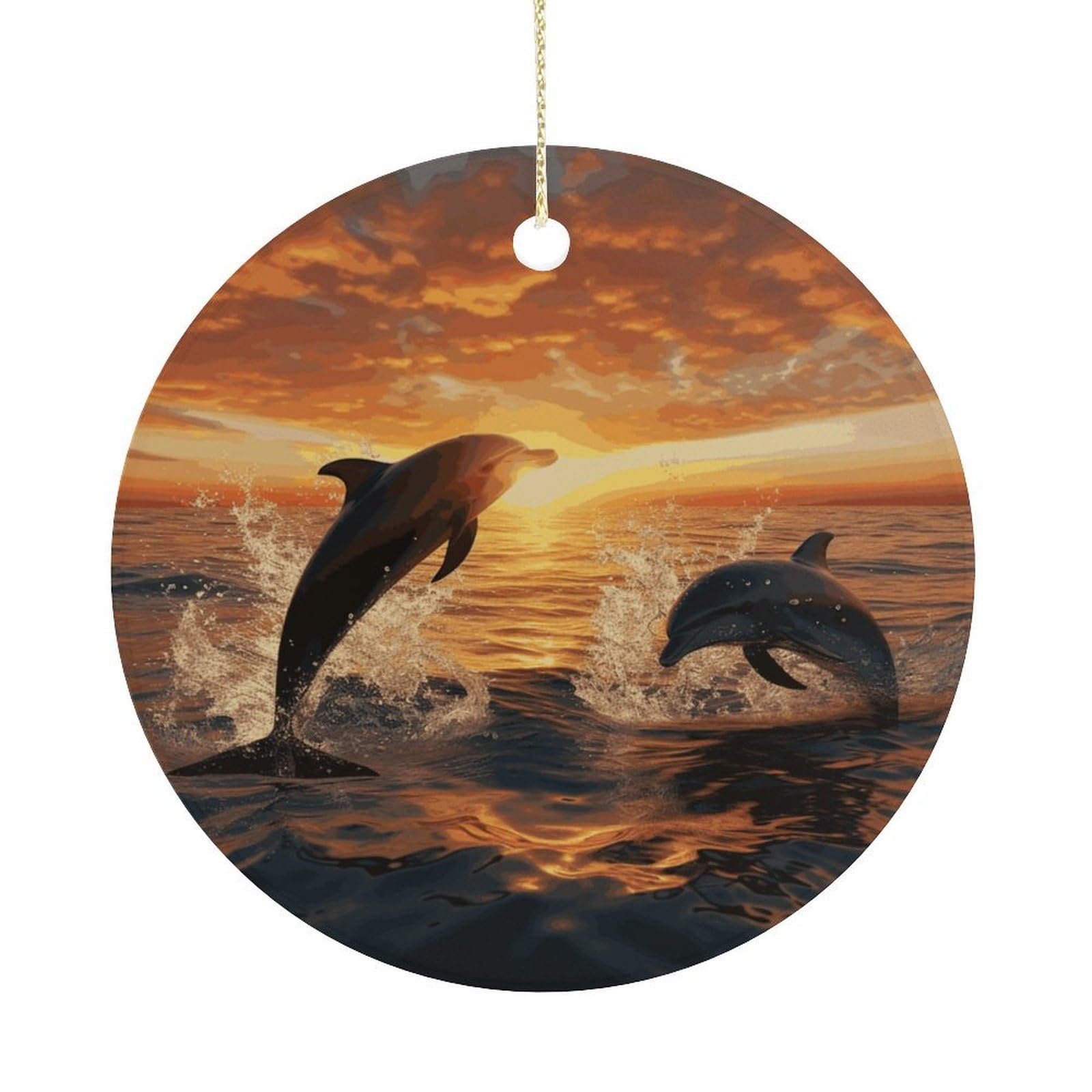 Dolphins Jumping Out of The Water at Sunset Christmas Ornaments Colorful Round Ceramic Ornament Christmas Hanging Decor Christmas Tree Decorations Xmas Keepsake for Women Men Xmas Holiday Party