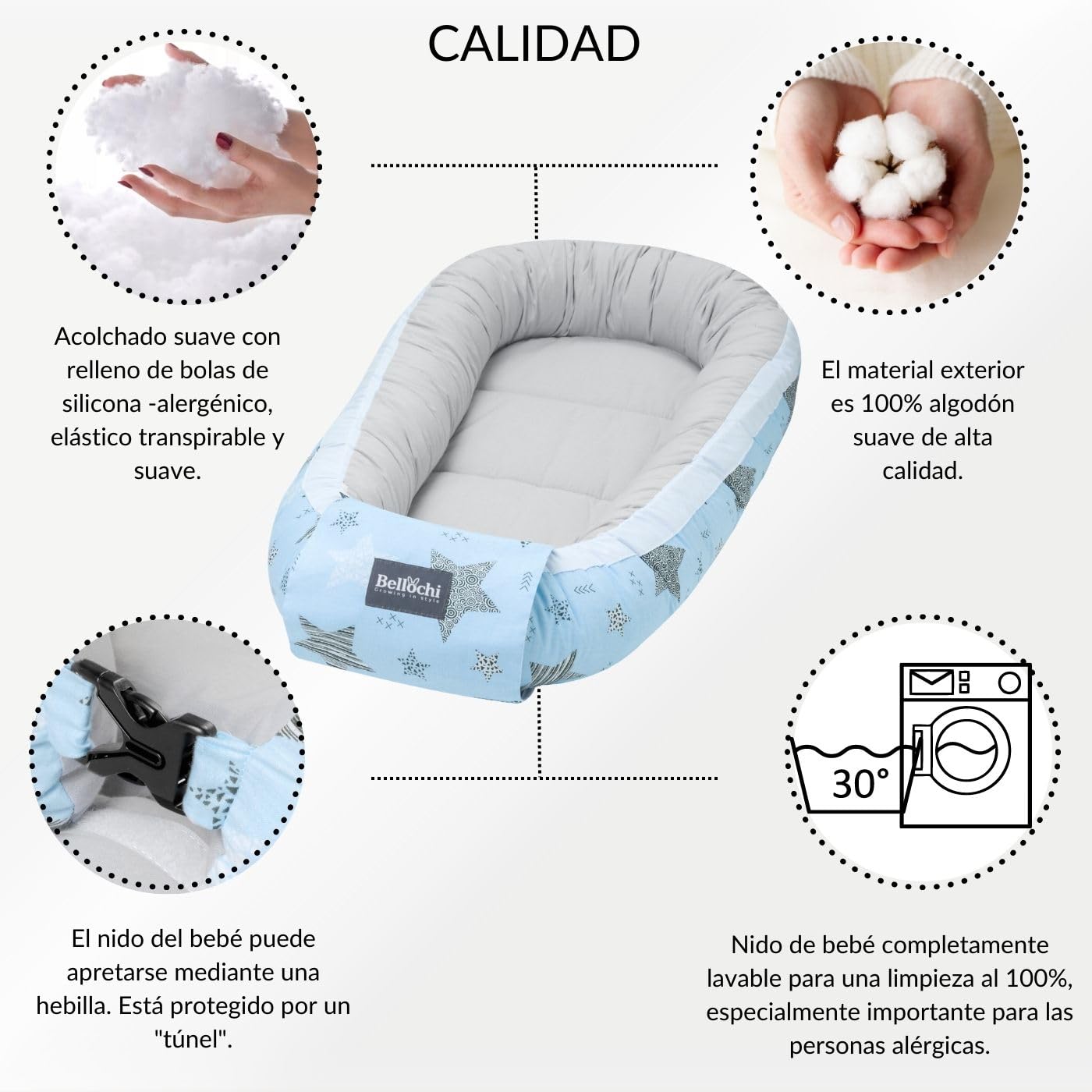 Bellochi Nido Bebe Recien Nacido Reductor de Cuna Nido para Bebe - 100% Algodón - OEKO-TEX Certificado - 90x60x12cm con Bordes Protectores - Rigel Star
