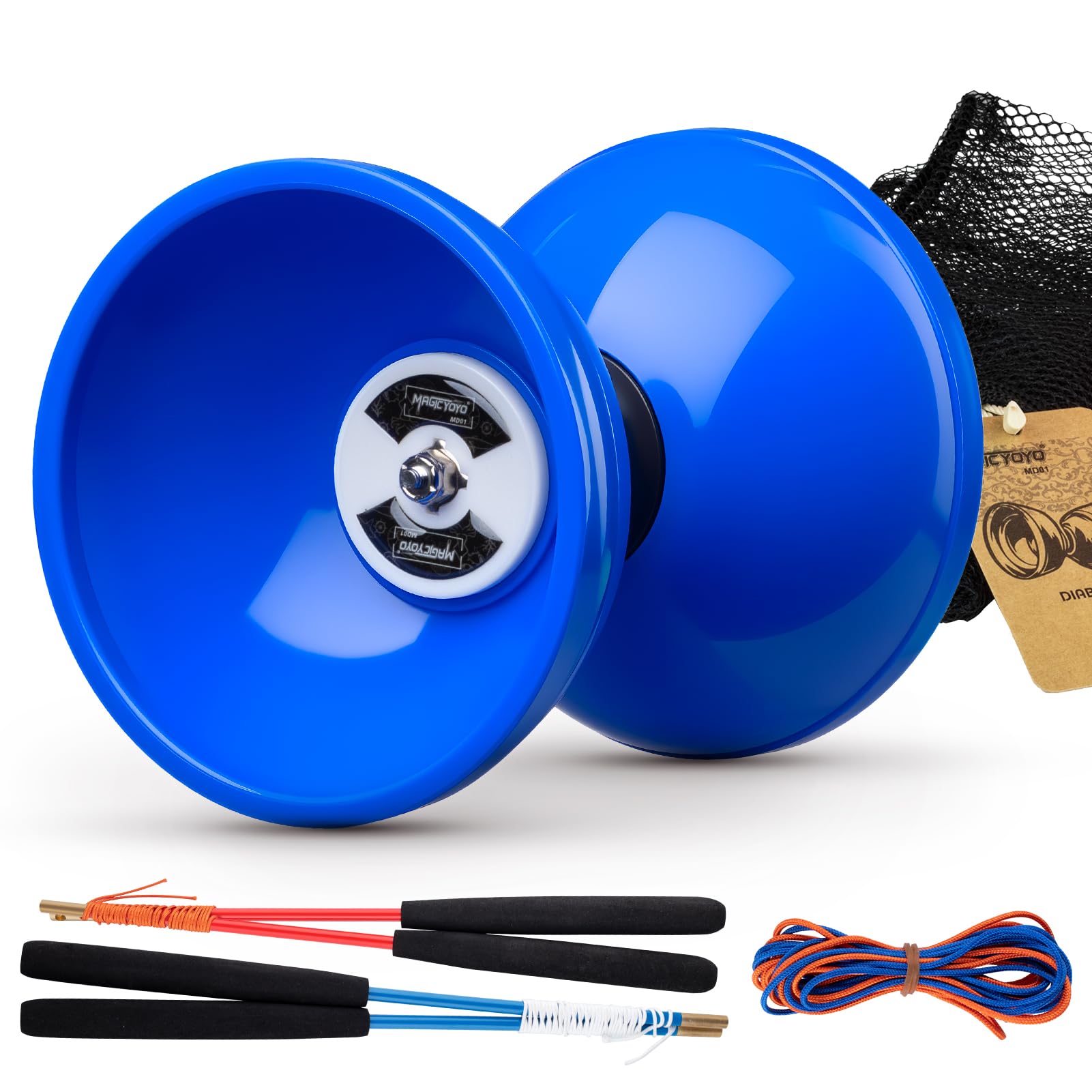 MAGICYOYO Pro Triple Bearing Diabolo Medium Size 5” Blue Chinese Yoyo Toy with 2 Pair Carbon Sticks+ 2 Extra Strings +1 Net Bag, High Performance Chinese Yoyo Diabolo Skill Toy