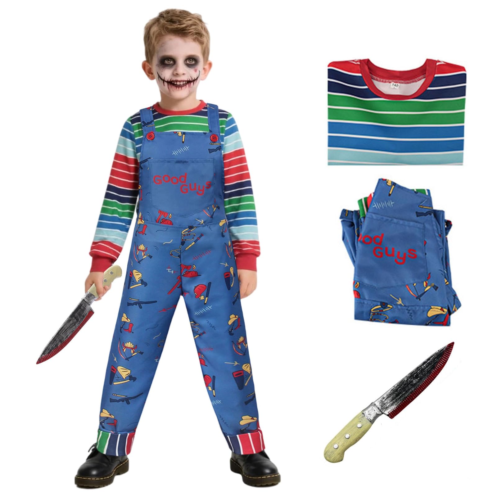 Aleshime Chucky Costume Toddlers Boys Halloween Fancy Dress, Childs Scary Nightmare Killer Doll Movie Character Costume Chucky Doll Cosplay Outfit Set (10-12 Years)