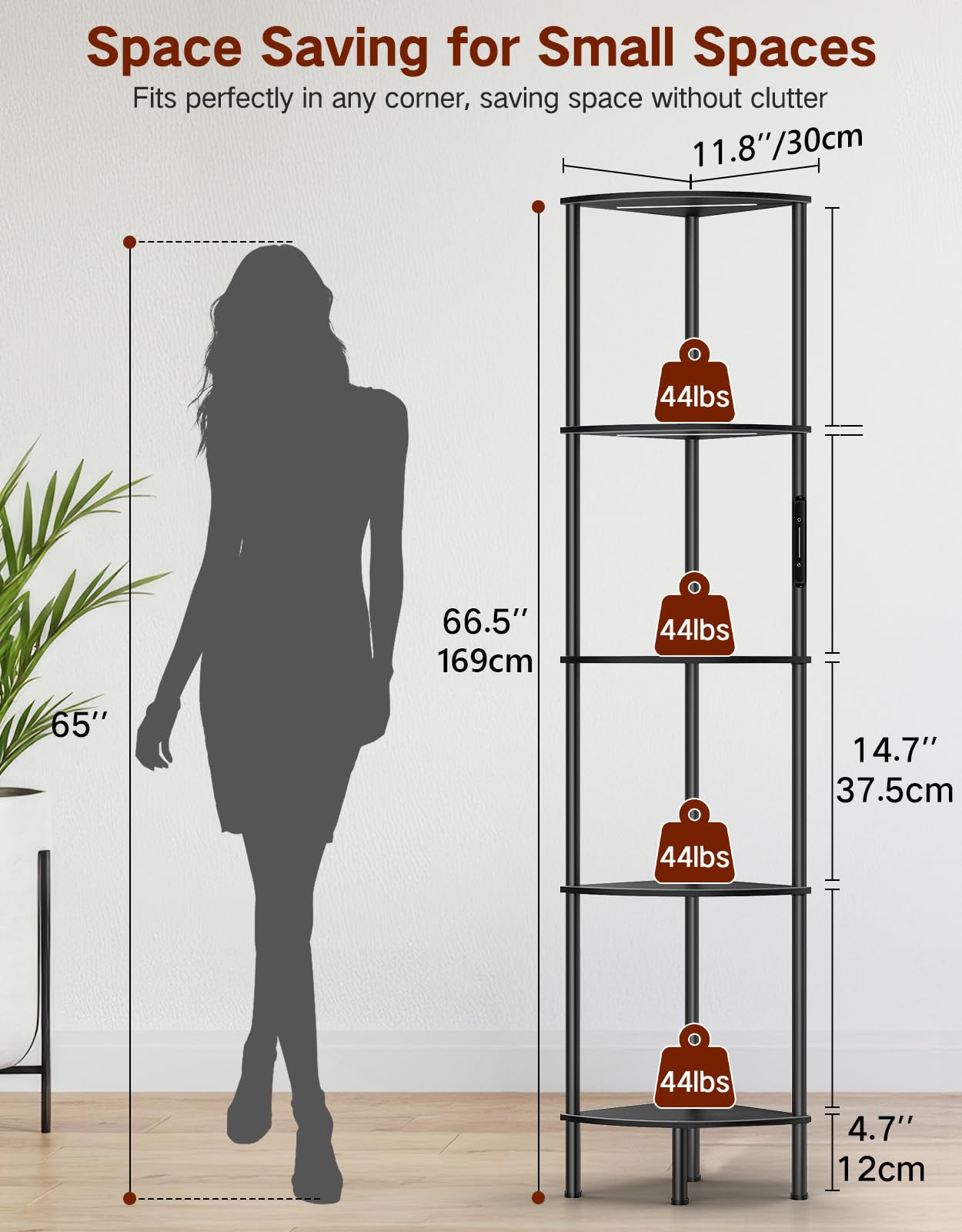 5-poziomowy narożny regał 169 cm z regulowanym oświetleniem LED, dotykowym i zdalnym sterowaniem, 3 barwy światła – wysoki, wąski regał do salonu, sypialni i małych przestrzeni