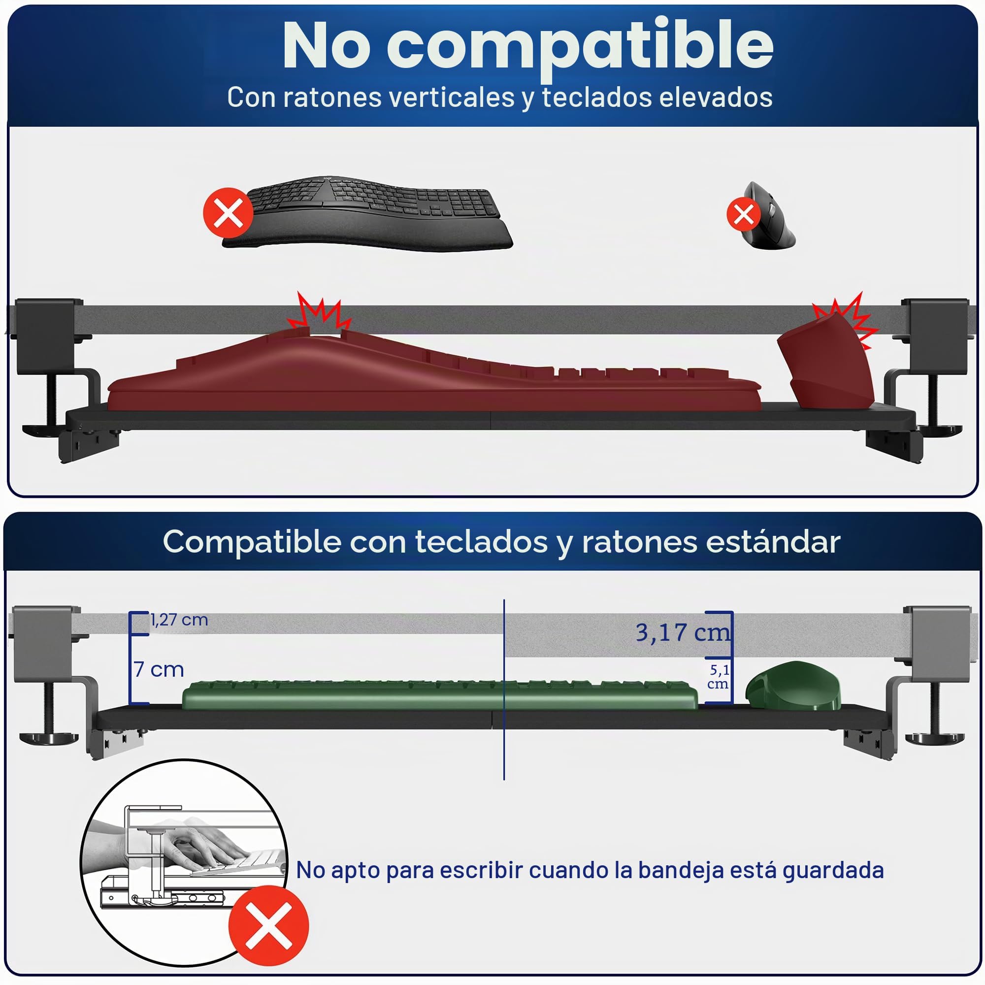 VIVO - Bandeja para teclado para debajo del escritorio, extraíble, con sistema de montaje de abrazadera C extrafuerte, plataforma deslizante para ordenador para escribir y trabajar con ratón