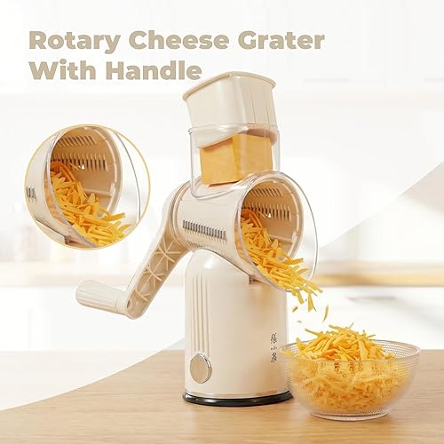 Vista 2 de Rallador giratorio de queso, manivela de mano con cuchillas intercambiables 5 en 1 y base de succión fuerte, trituradora de verduras, rebanadora