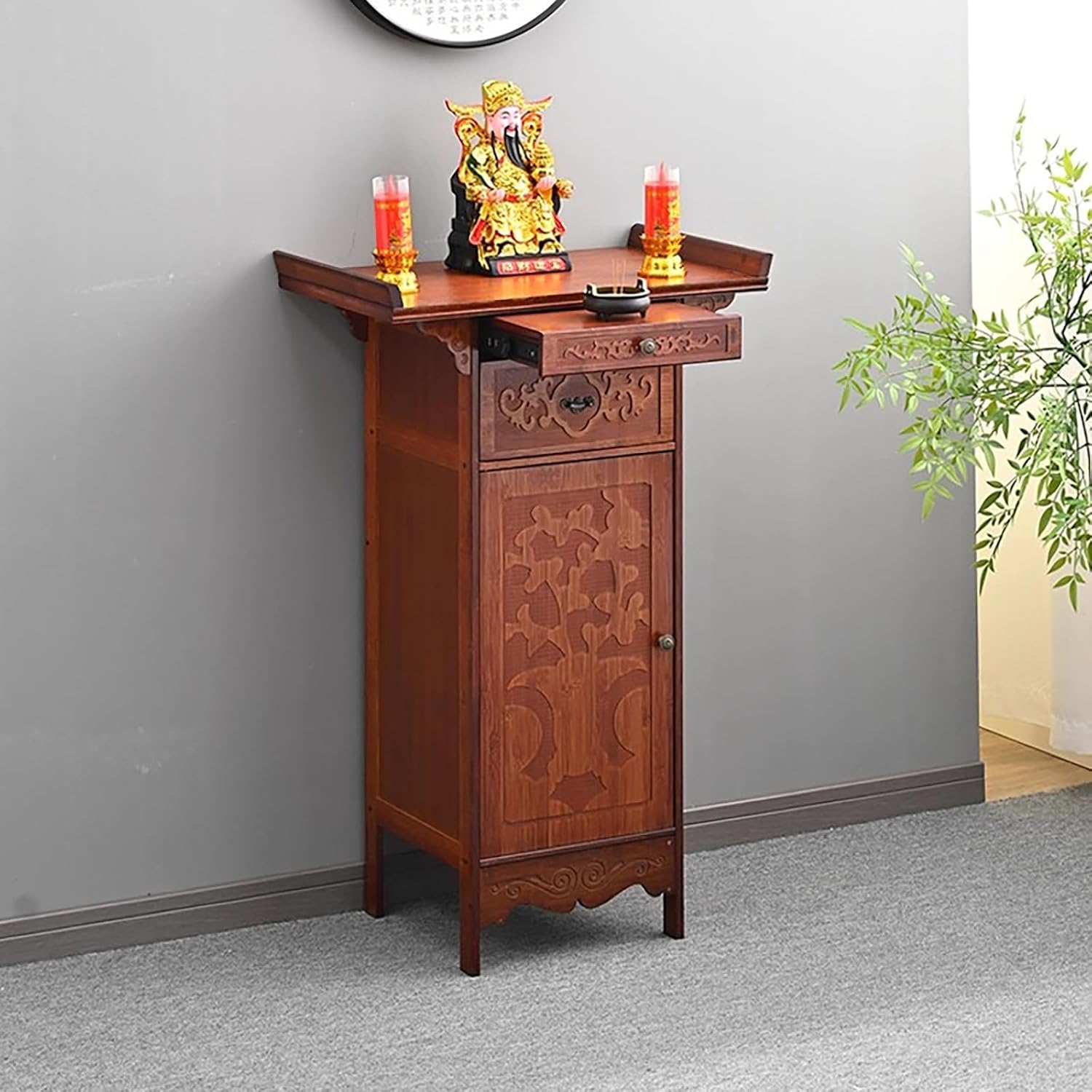 Cabinet Pedestal Offering Table,Buddha Altar Shelf Buddhist Niche,Bamboo Material, Drawer Storage, Double Door Storage Cabinet,Ideal for Home or Buddhist/Witchcraft Altars.(25.9x15.7x39.4in)
