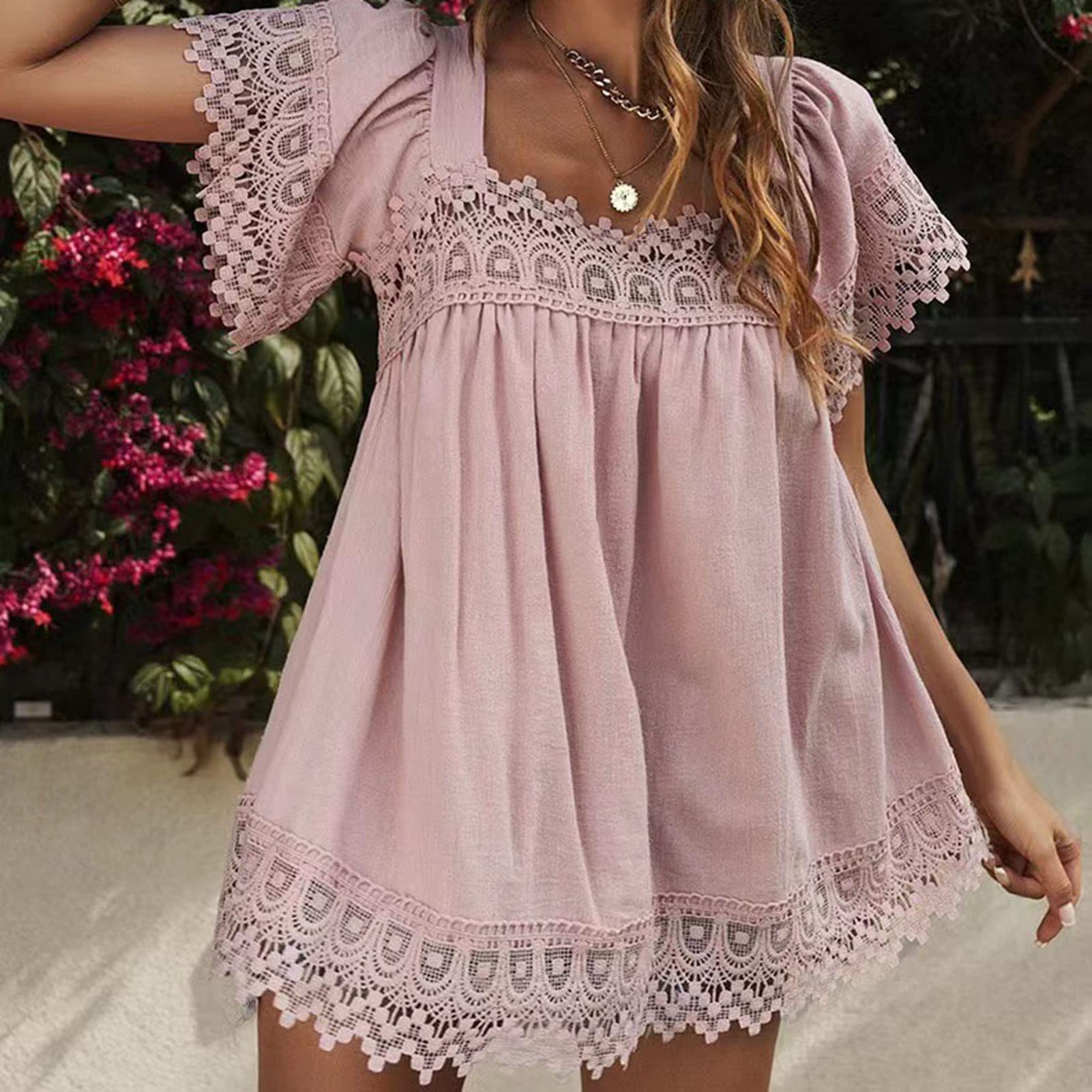 Top a Tunica da Donna con Bordo in Pizzo, Top a Tunica da Donna, Casual, Giorno di Vacanza, Crociera, Spiaggia, Copricostume, Manica Corta Bohémien, Boho Chic, Top Estivo, Top da Donna con(L-Rosa)