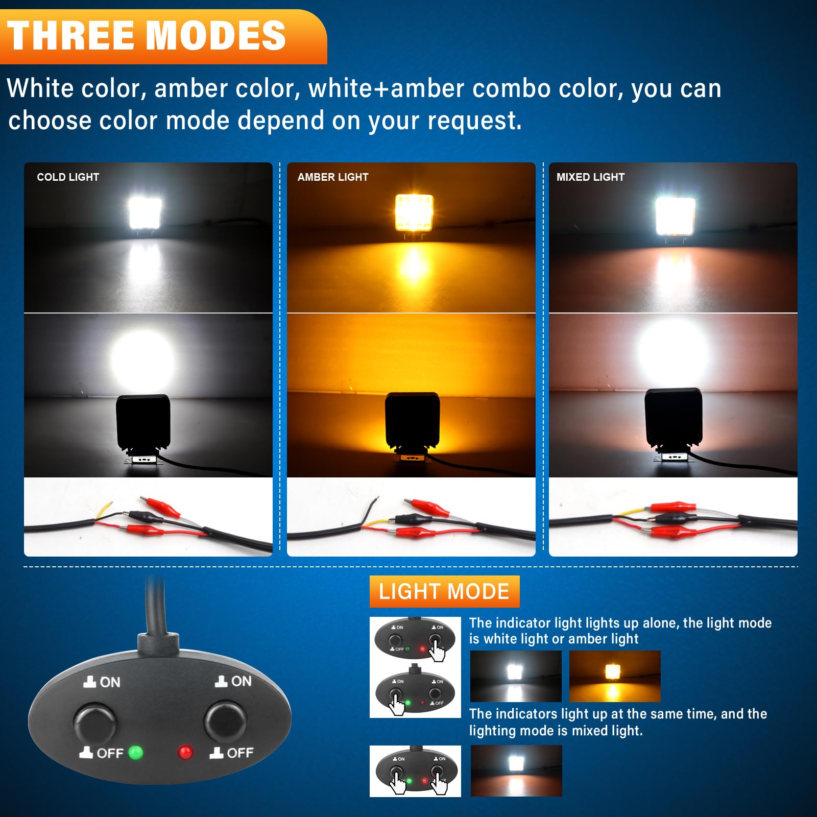 RIGIDON 2Pcs 4 Pouces 48W Carré Phare de Travail LED Avec 12V Faisceau de Câblage Kit - Blanc Ambre Lampe Longue Portée Spot Pour Offroad Voiture Camion SUV 4x4 Tracteur