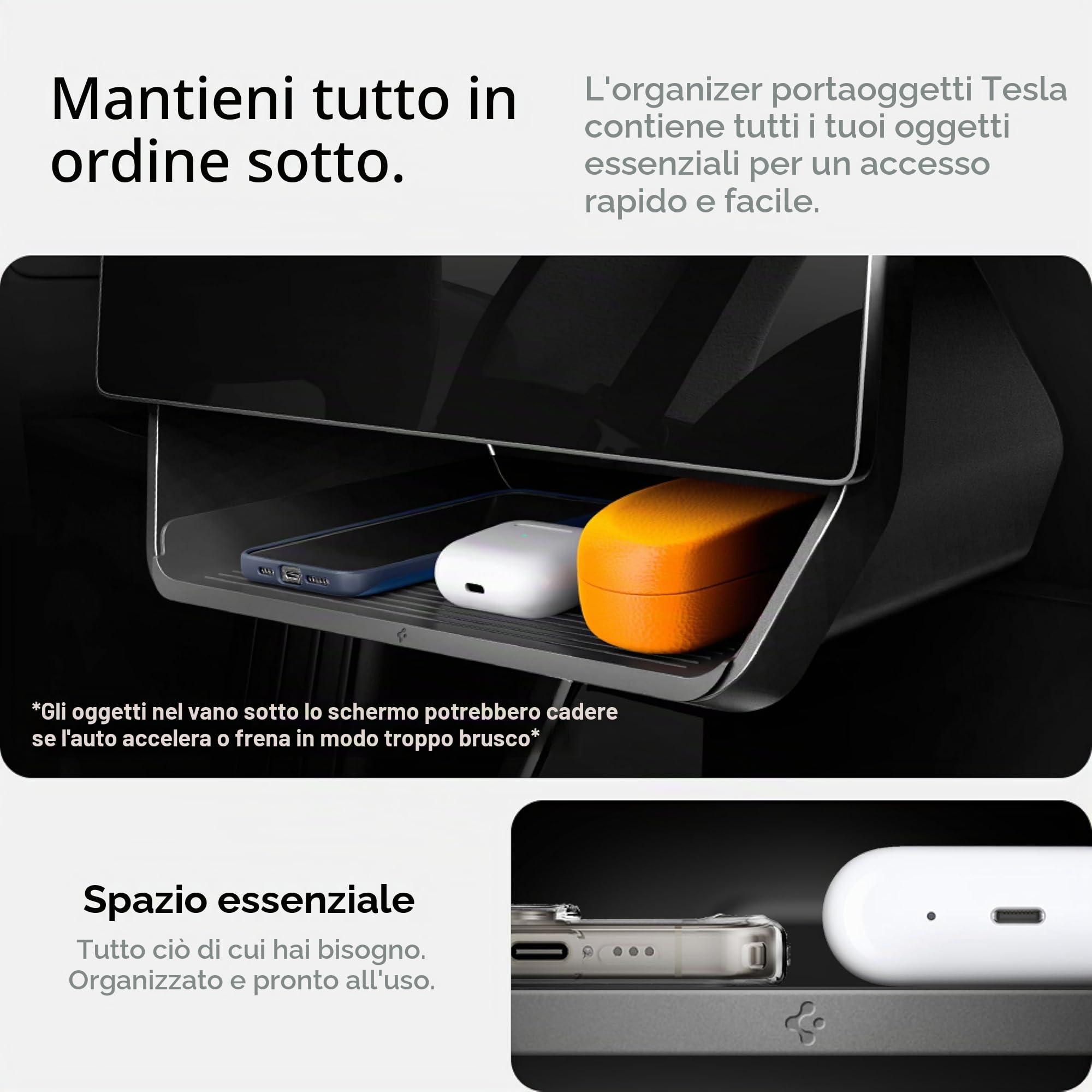 Spigen Tesla Model Y (~2024) Model 3 (2021-2023) Vassoio Organizzatore Portaoggetti per Console Centrale Sotto Schermo, Scomparto Dietro lo Schermo per Accessori Tesla - Carbon Edition