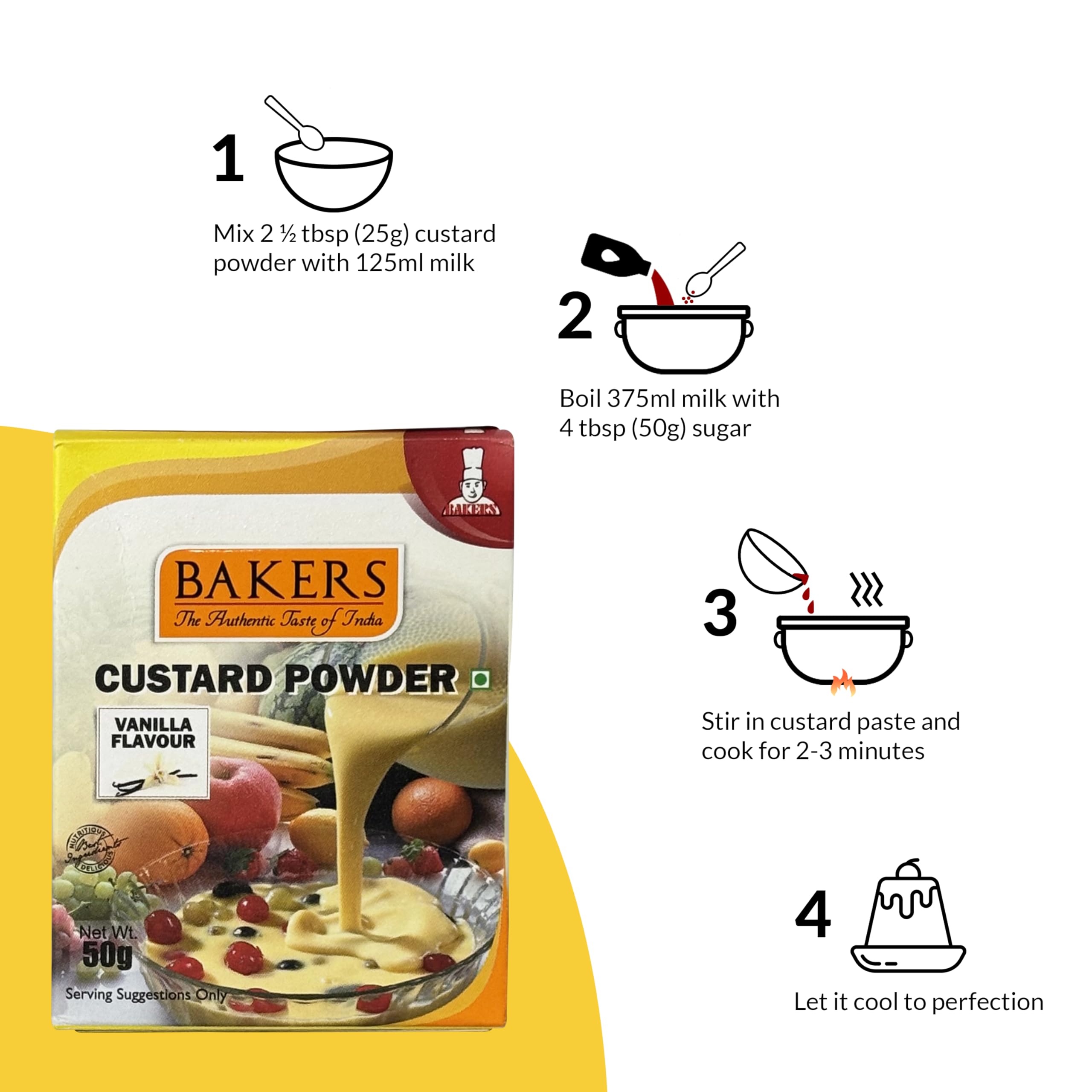 BAKERS Vanilla Flavored Custard Powder | Contains No Eggs | Easy to Make | Long Shelf Life | Smooth & Velvety | Pack of 8 (50 gm x 8) 3