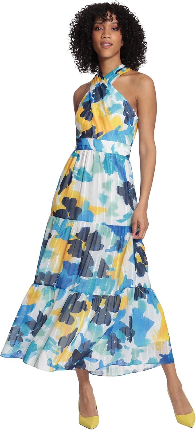 Maggy London Womens Sleeveless Criss Cross Halter Neck Tiered Maxi Dress - Image 2