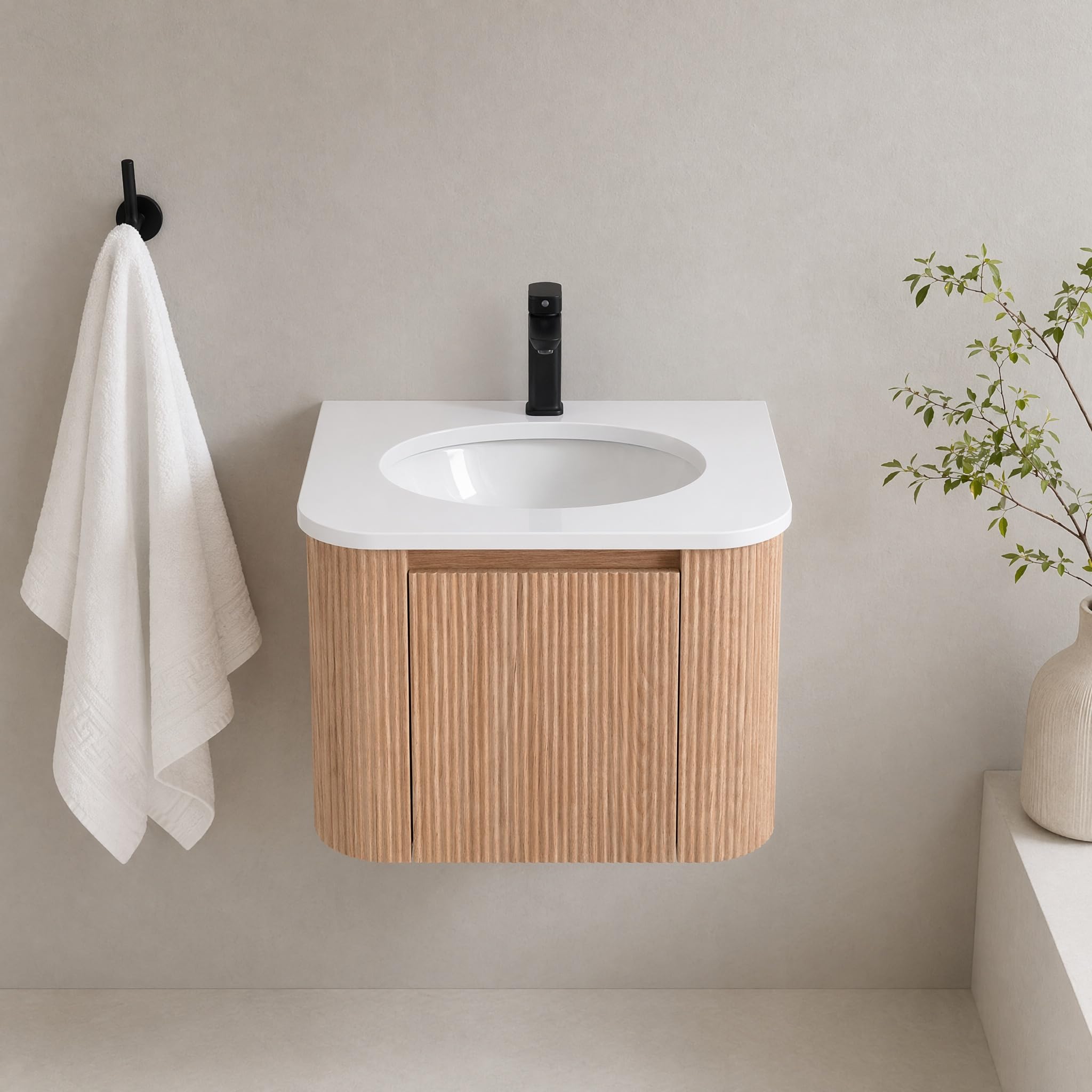24 Inch Wall Mounted Bathroom Vanity with Ceramic Sink, Pre-Assembled Floating Vanity Cabinet with Marble Countertop, Wave Texture Finish &amp; Drawer, Wood