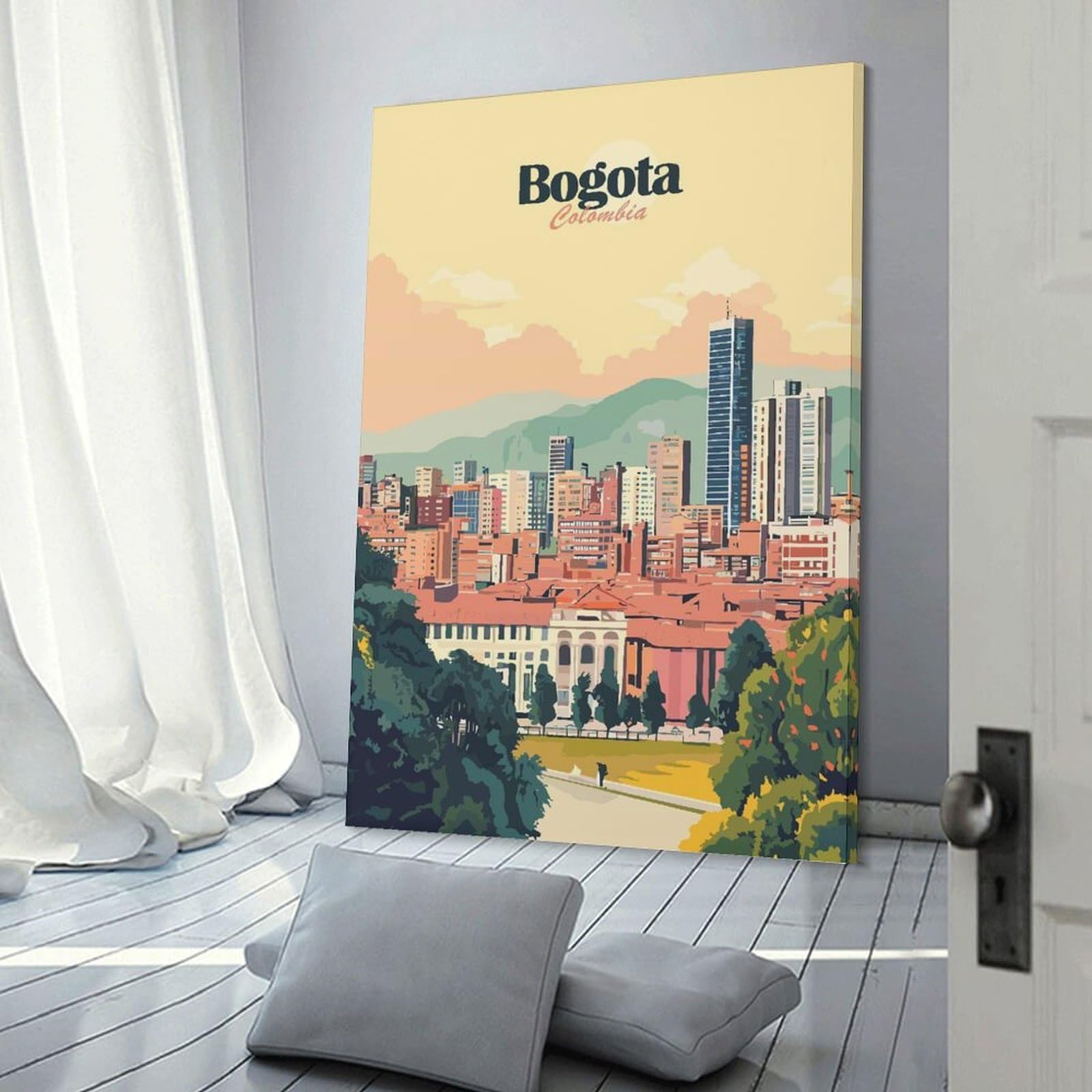 Junmoney Bogota Colombia Cityscape Illustration Canvas Art Print, 08x12inch(20x30cm), for Picture Wall Styling in Lounge Or Bedroom, Wall Decor Suited to Curated Displays